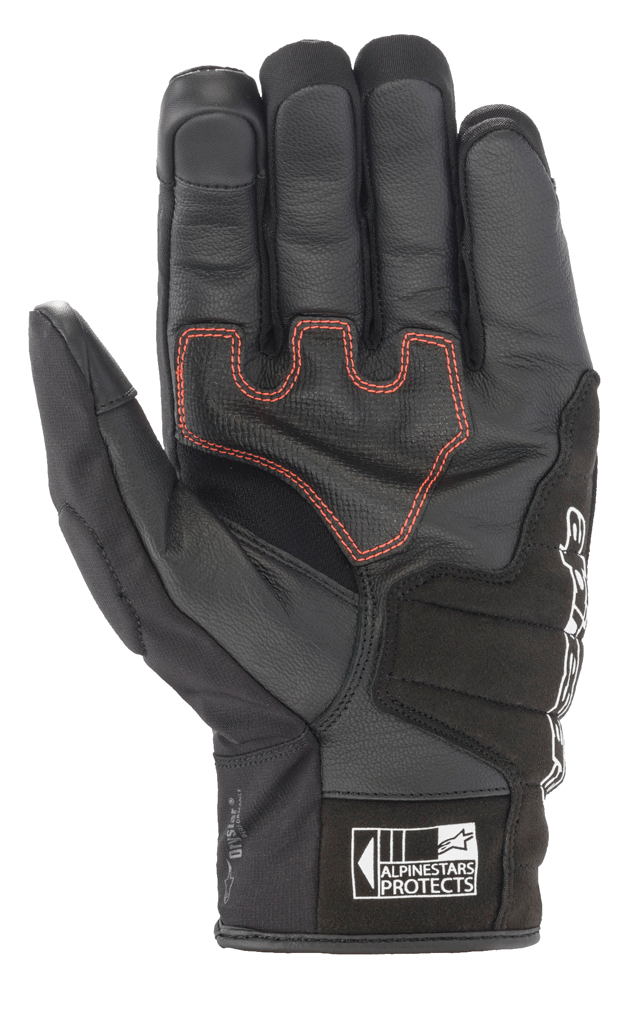 Alpinestars SMX Z Drystar® Gloves, short cuff motorcycle riding gloves, Black with red contrast stitching, palm view showing leather construction and reinforced padding, featuring the Alpinestars Protects logo on the cuff.