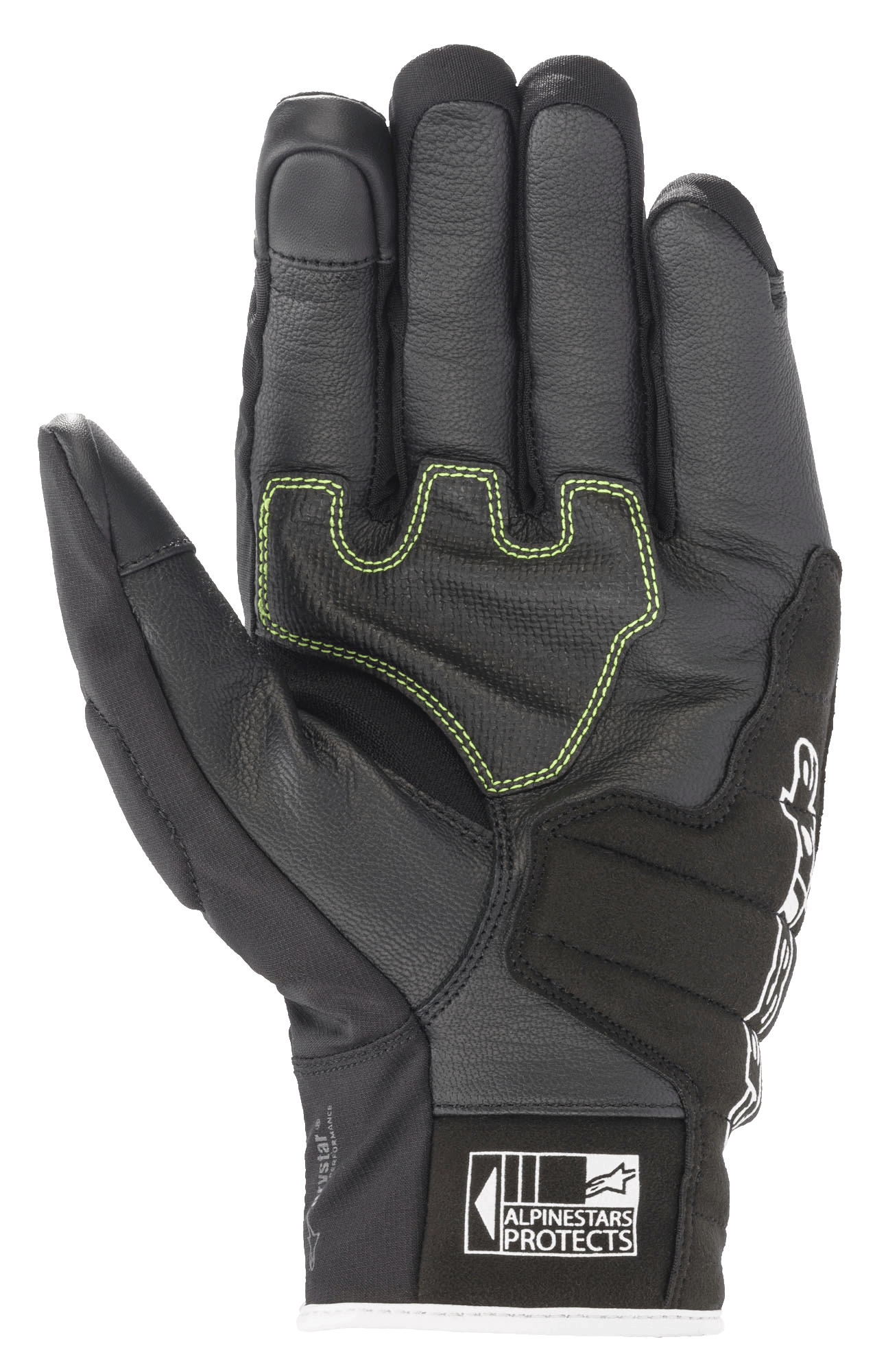 Alpinestars SMX Z Drystar® Gloves, Motorcycle Gloves, Black White Red Fluo, palm view showing reinforced leather with lime green contrast stitching and Alpinestars Protects logo on the cuff
