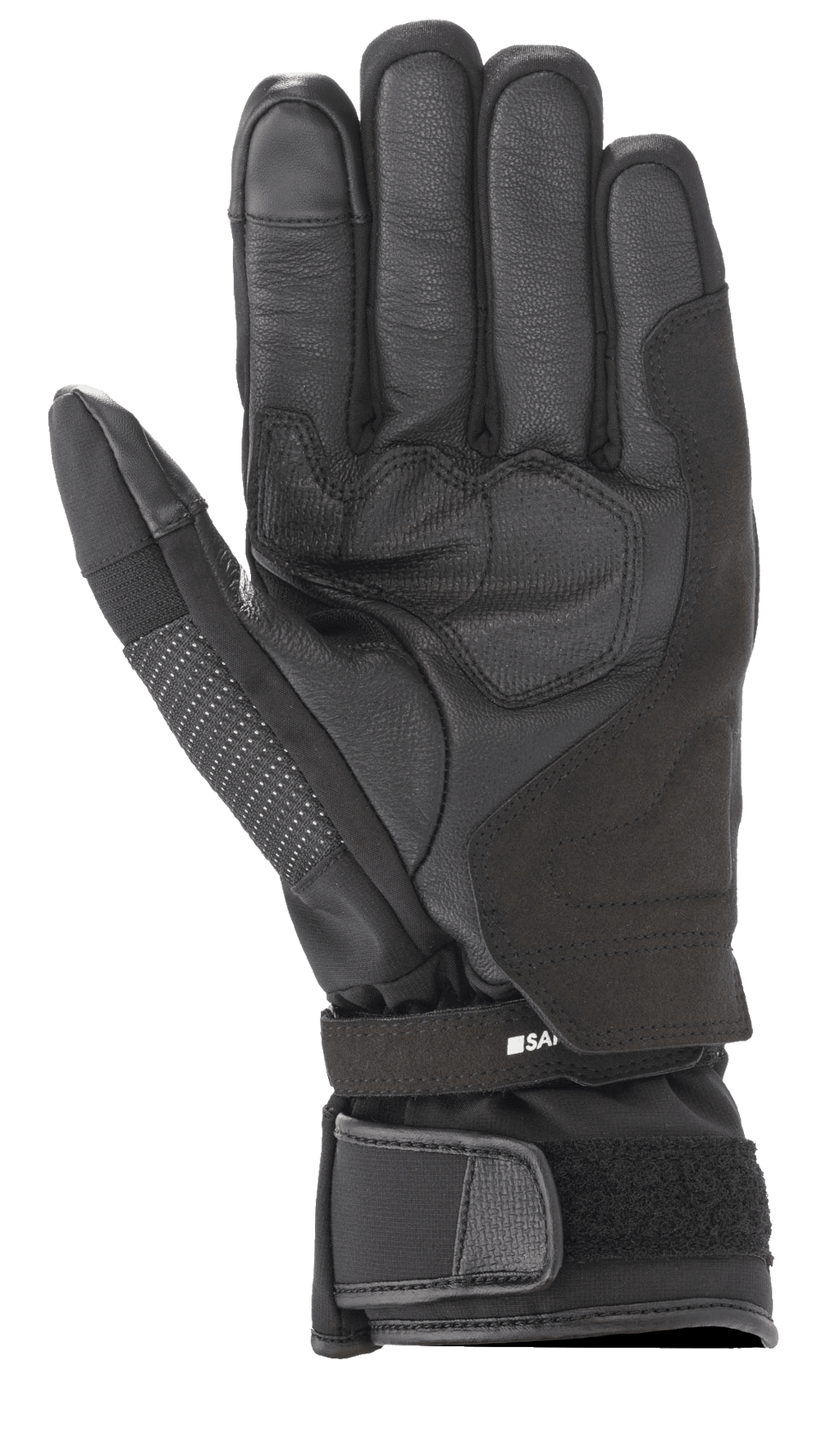 Alpinestars Andes V3 Drystar® Handschuh, schwarzer Motorradhandschuh, Handflächenansicht mit Ziegenleder- und Textilkonstruktion, verstärkter Handflächenbereich, verstellbarer Handgelenksriemen mit Klettverschluss, technisches Allwetter-Touring-Design