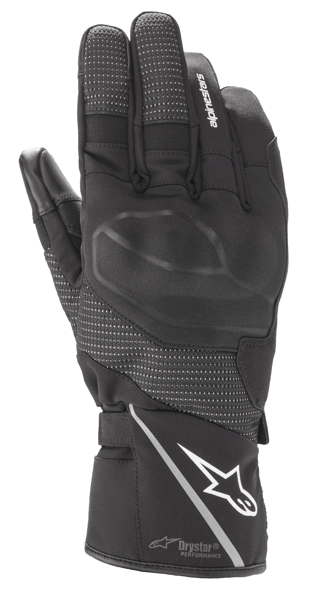 Alpinestars Andes V3 Drystar Handschuh, schwarzer Motorrad-Tourenhandschuh, Konstruktion aus Ziegenleder und Textil, integrierter Knöchelschutz, weißes Alpinestars-Logo auf der Stulpe mit reflektierendem Streifen, strukturierte Fingerpaneele und Drystar Performance Technologie