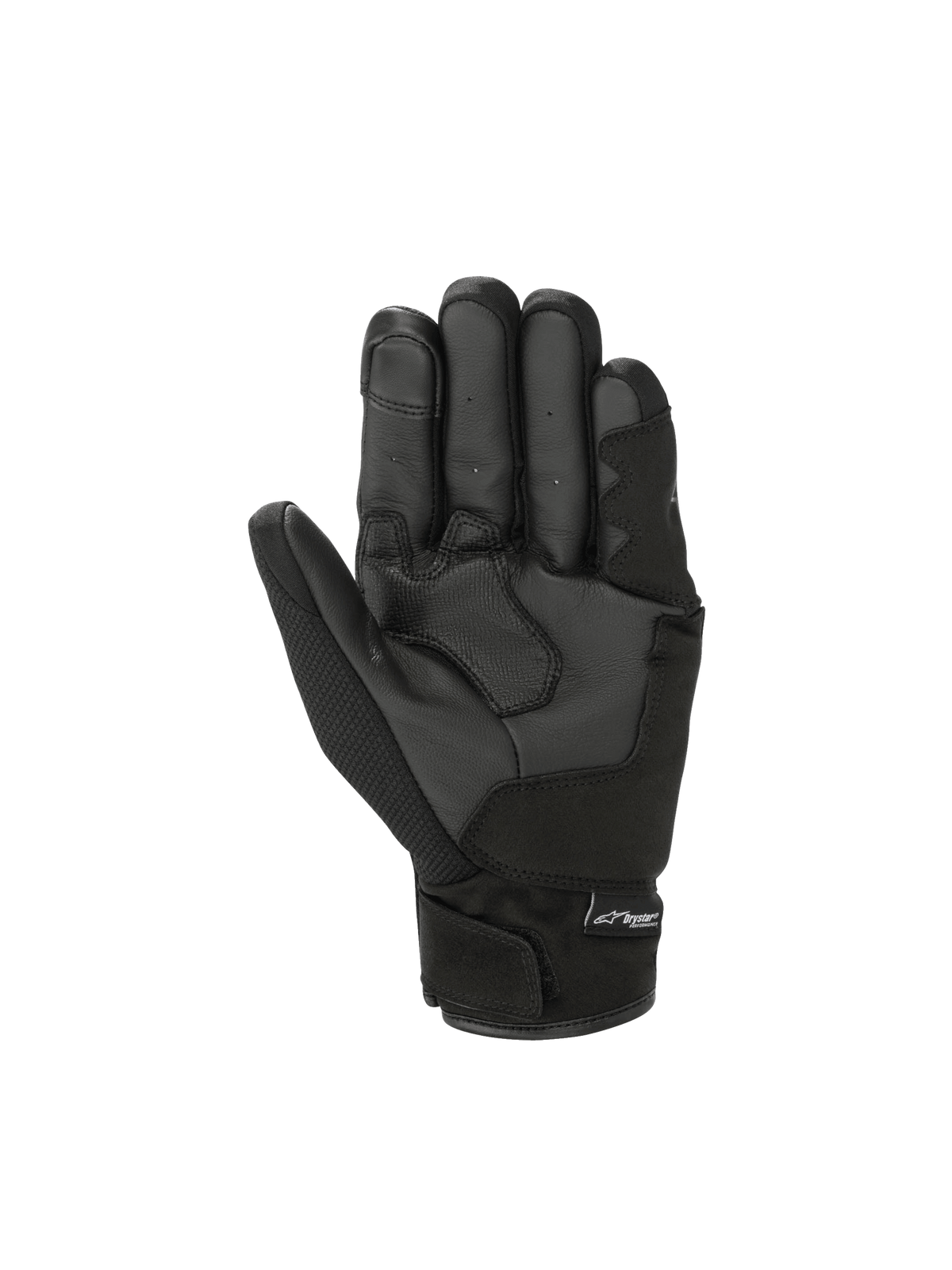 Alpinestars S-Max Drystar Handschuhe, wasserdichte Motorradhandschuhe, Schwarz und Anthrazit, Handflächenansicht aus Leder.