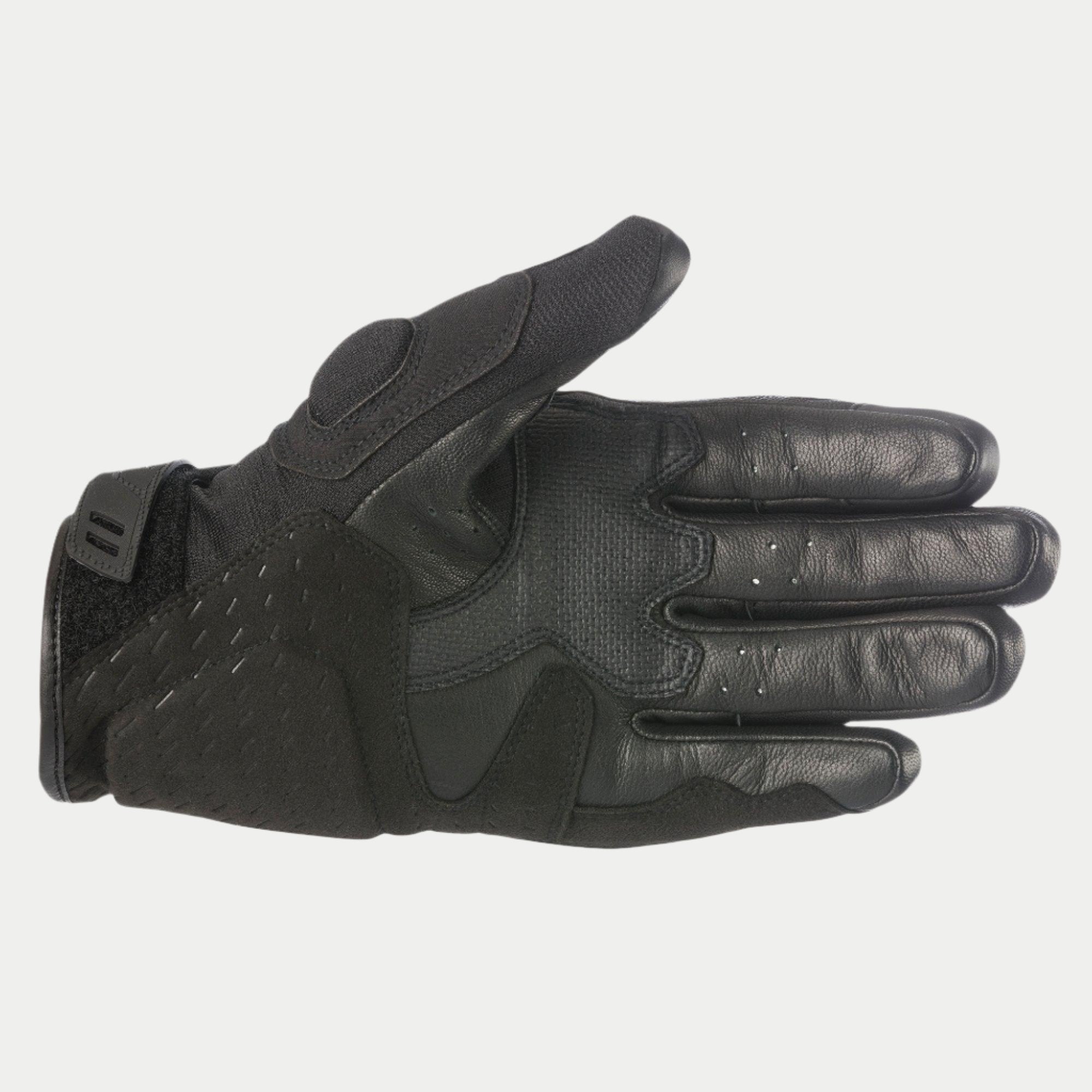 Alpinestars C-30 Drystar® Handschuhe, Schwarz, Innenhandansicht mit Verstärkungen aus synthetischem Wildleder und Schaumstoffpolsterung, PU-beschichtete Griffbereiche an Daumen und Handfläche, verstellbarer Klettverschluss am Handgelenk, wasserdichte Motorradhandschuhe