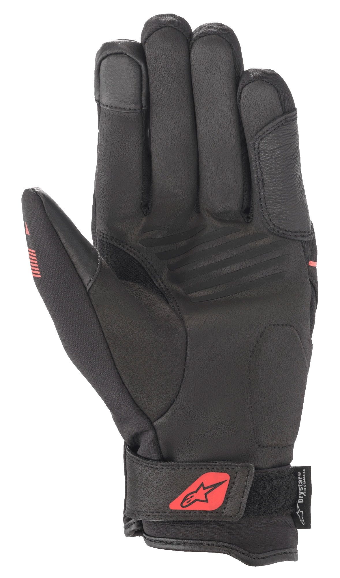 Alpinestars Syncro V2 Drystar® Handschuhe, Schwarz und Fluo-Rot, Handflächenansicht mit Konstruktion aus synthetischem Wildleder, gepolsterte Handfläche für Schutz, verstellbarer Handgelenkverschluss mit rotem Logo, Drystar®-Branding.