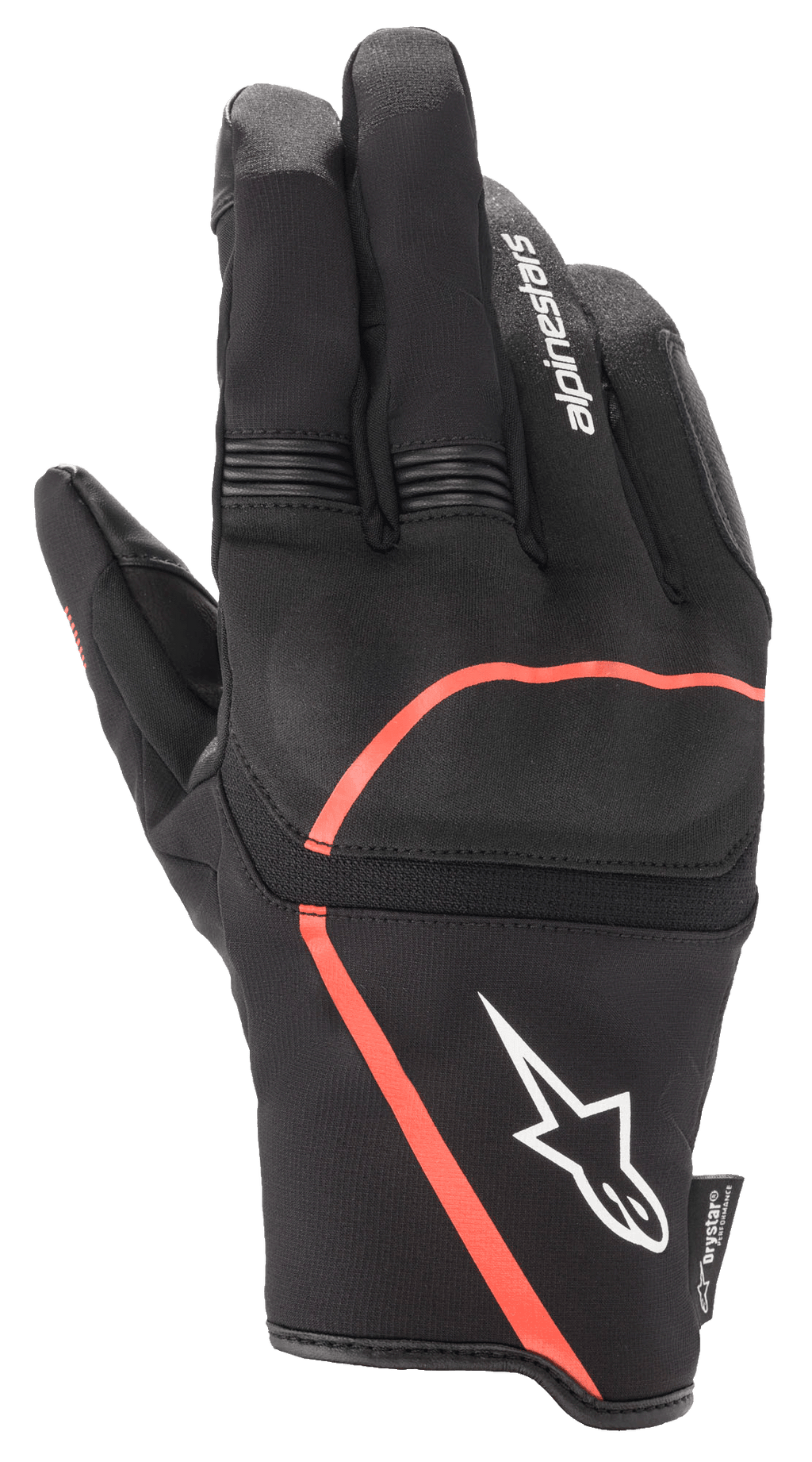 Alpinestars Syncro V2 Drystar® Handschuhe, Urban-Motorradhandschuhe, Schwarz mit Red Fluo Akzenten, mit flexiblem Knöchelschutz, weißem Alpinestars-Logo auf der Stulpe und Akkordeon-Stretch-Einsätzen an den Fingern, wasserdichtes und atmungsaktives Design.