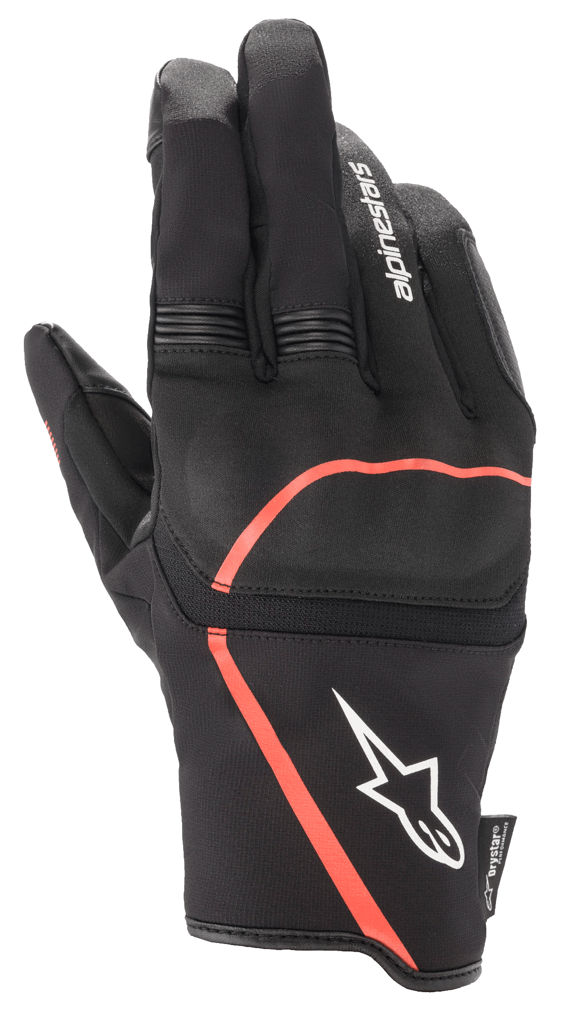 Alpinestars Syncro V2 Drystar® Handschuhe, Urban-Motorradhandschuhe, Schwarz mit Red Fluo Akzenten, mit flexiblem Knöchelschutz, weißem Alpinestars-Logo auf der Stulpe und Akkordeon-Stretch-Einsätzen an den Fingern, wasserdichtes und atmungsaktives Design.