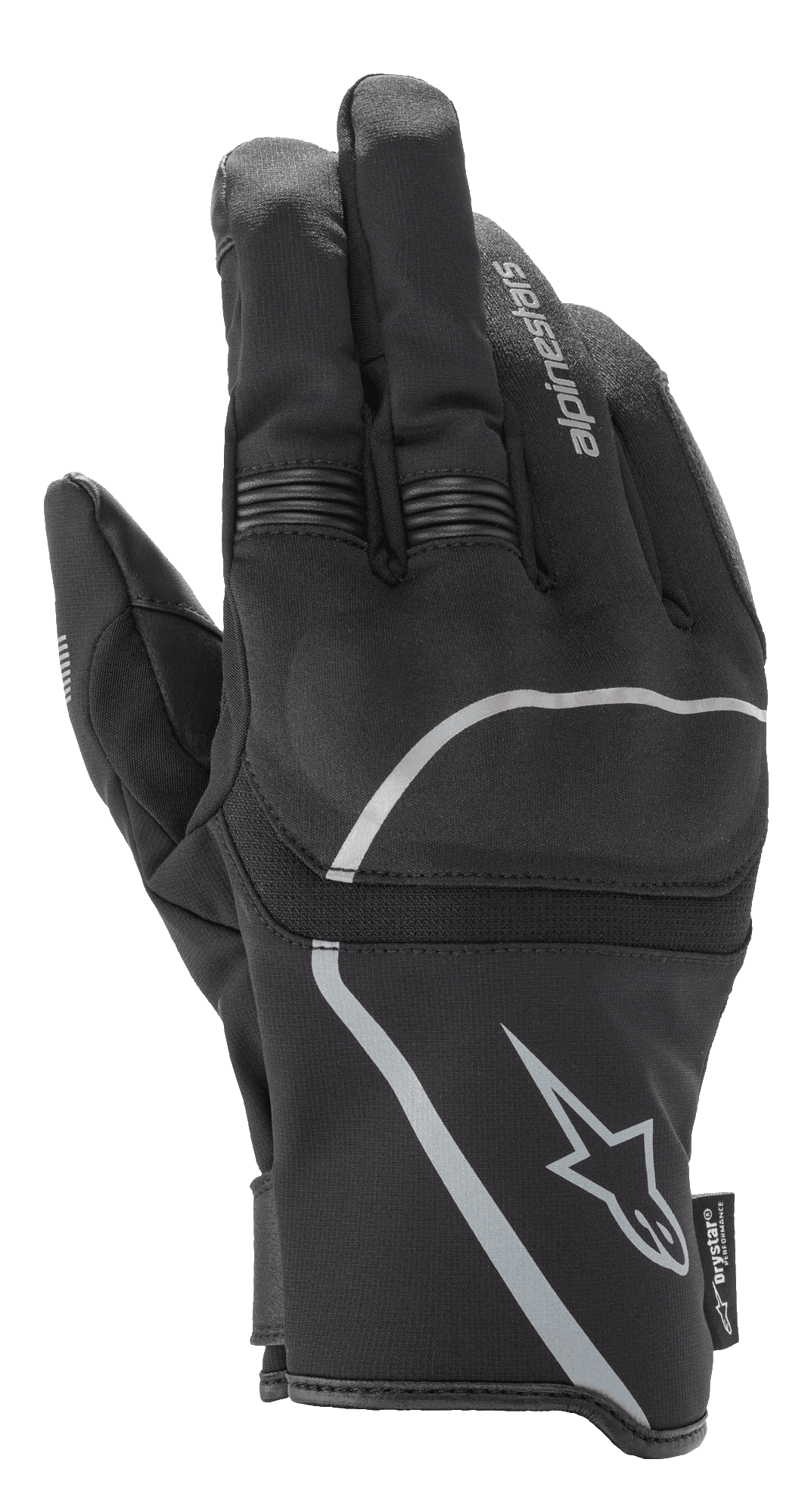 Alpinestars Syncro V2 Drystar® Handschuhe, Urbane Motorradhandschuhe, Schwarz und Mittelgrau, Rückansicht mit Fokus auf die Textilkonstruktion und den viskoelastischen Knöchelschutz, wasserdichtes und atmungsaktives Design mit reflektierenden Akzenten.