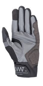 Alpinestars AMT-10 Air HDry® Handschuhe, Schwarz und Grau, Handflächenansicht mit Fokus auf Ziegenlederkonstruktion, ergonomisches Griffmuster und technische Stretcheinsätze, AMT-Branding auf der Manschette