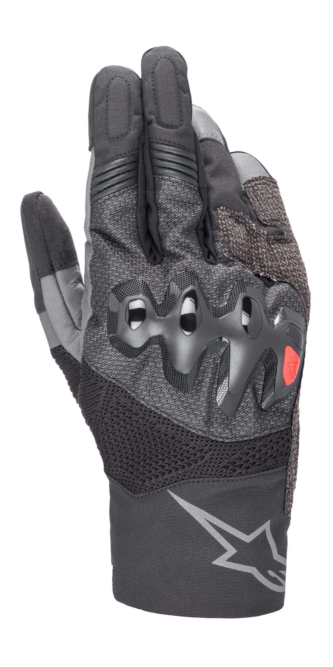 Alpinestars AMT-10 Air HDry Gloves, Motorcycle Gloves, Black and Dark Gray, featuring a wavy over-injected knuckle guard with a small red logo, mesh MATRYX and RIDEKNIT panels for ventilation, and a large gray star logo on the cuff