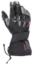 Alpinestars Amt-10 Drystar® XF Winter Gloves, Black and Dark Gray, Long Cuff Motorcycle Winter Gloves, featuring over-injected hard knuckle protection, accordion stretch panels on fingers, AMT branding with a red star logo, and a drawstring cuff closure