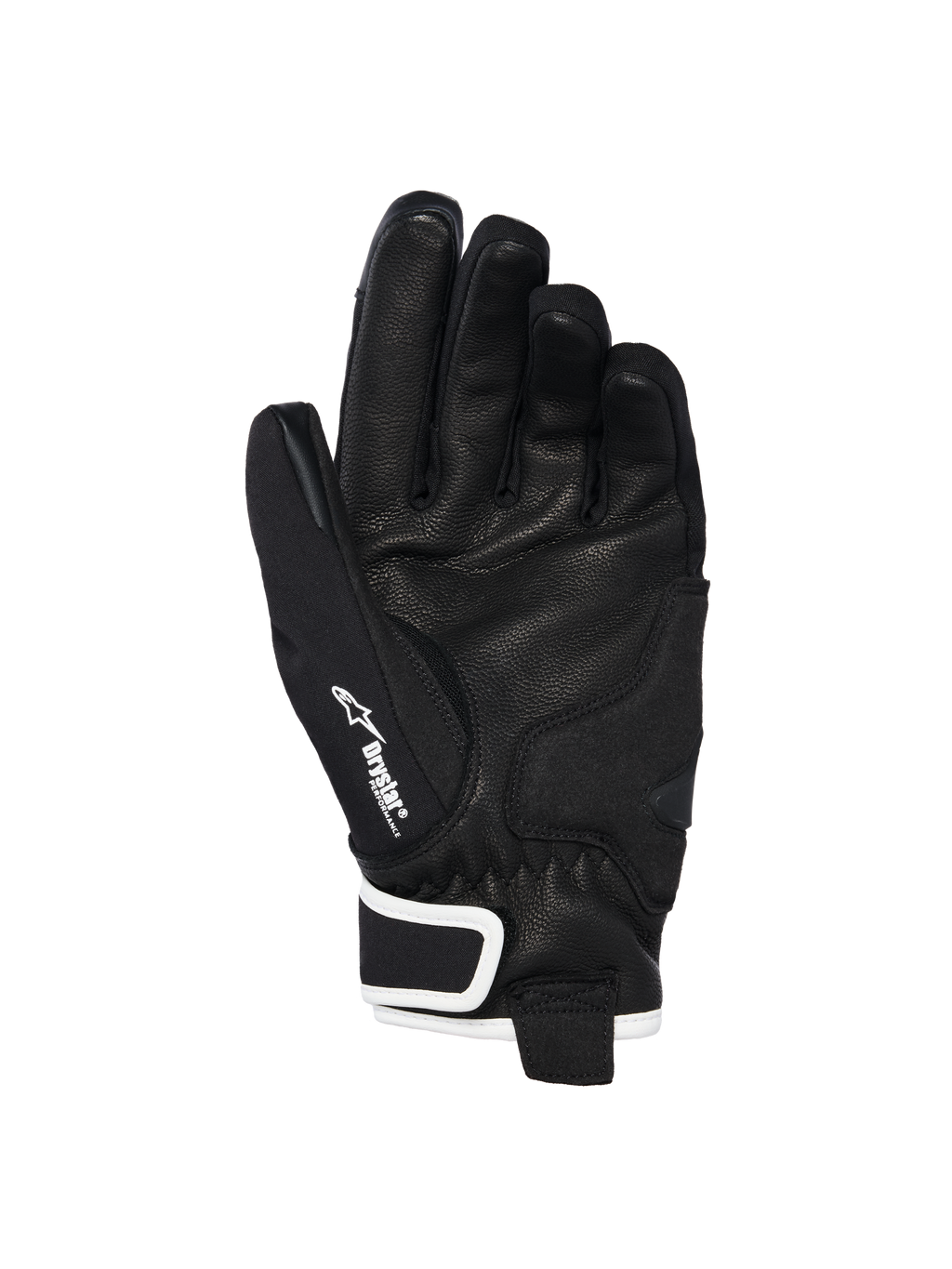 Alpinestars Stella Moblast Waterproof Handschuhe, Handflächenansicht, Schwarz mit weißen Akzenten, mit Handfläche aus Ziegenleder, Alpinestars-Logo und Drystar-Branding am Daumen, Motorradhandschuhe mit kurzer Stulpe für Damen