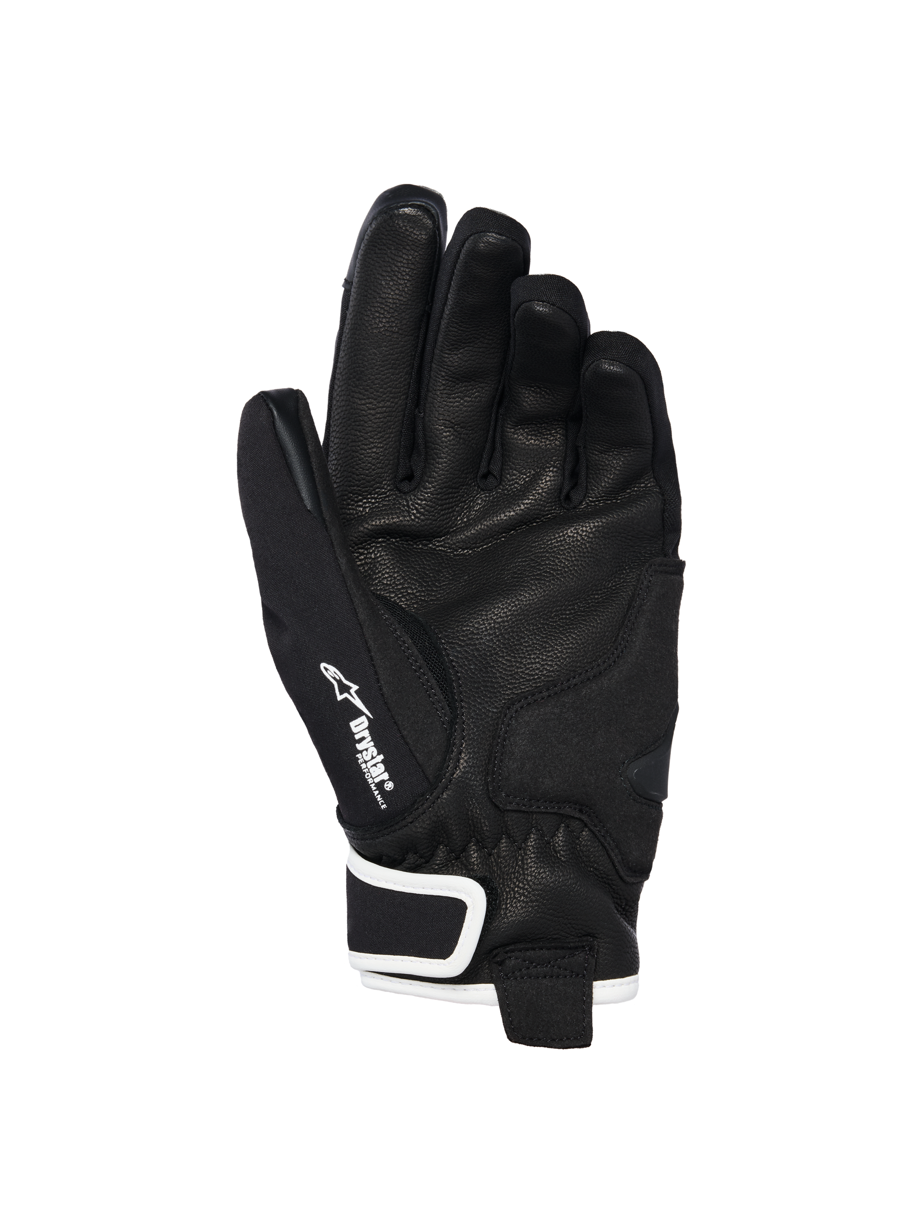 Alpinestars Stella Moblast Waterproof Handschuhe, Handflächenansicht, Schwarz mit weißen Akzenten, mit Handfläche aus Ziegenleder, Alpinestars-Logo und Drystar-Branding am Daumen, Motorradhandschuhe mit kurzer Stulpe für Damen