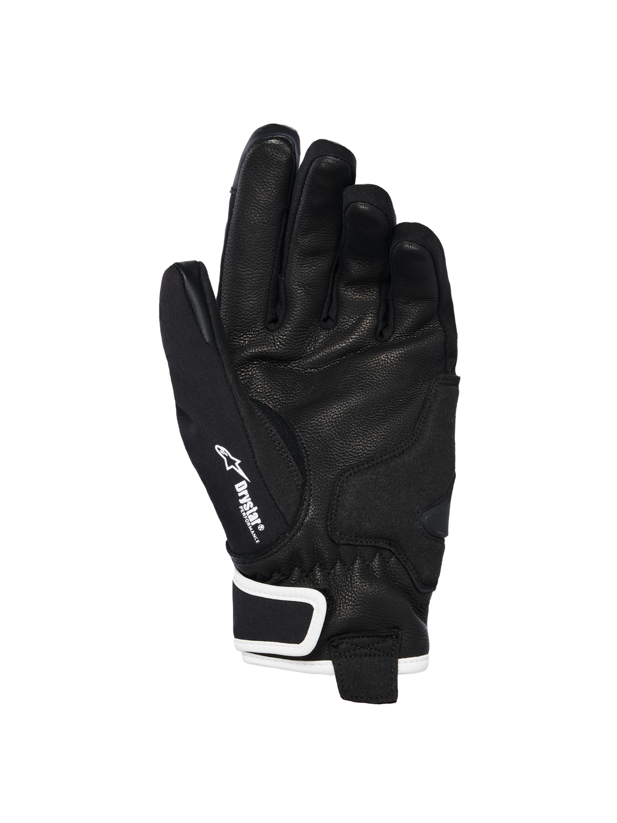 Alpinestars Stella Moblast wasserdichte Handschuhe, Handflächenansicht, schwarzes Ziegenleder mit strukturierter Grifffläche, weiße Akzente und Drystar-Branding, kurzes Stulpendesign für urbane Motorradfahrten