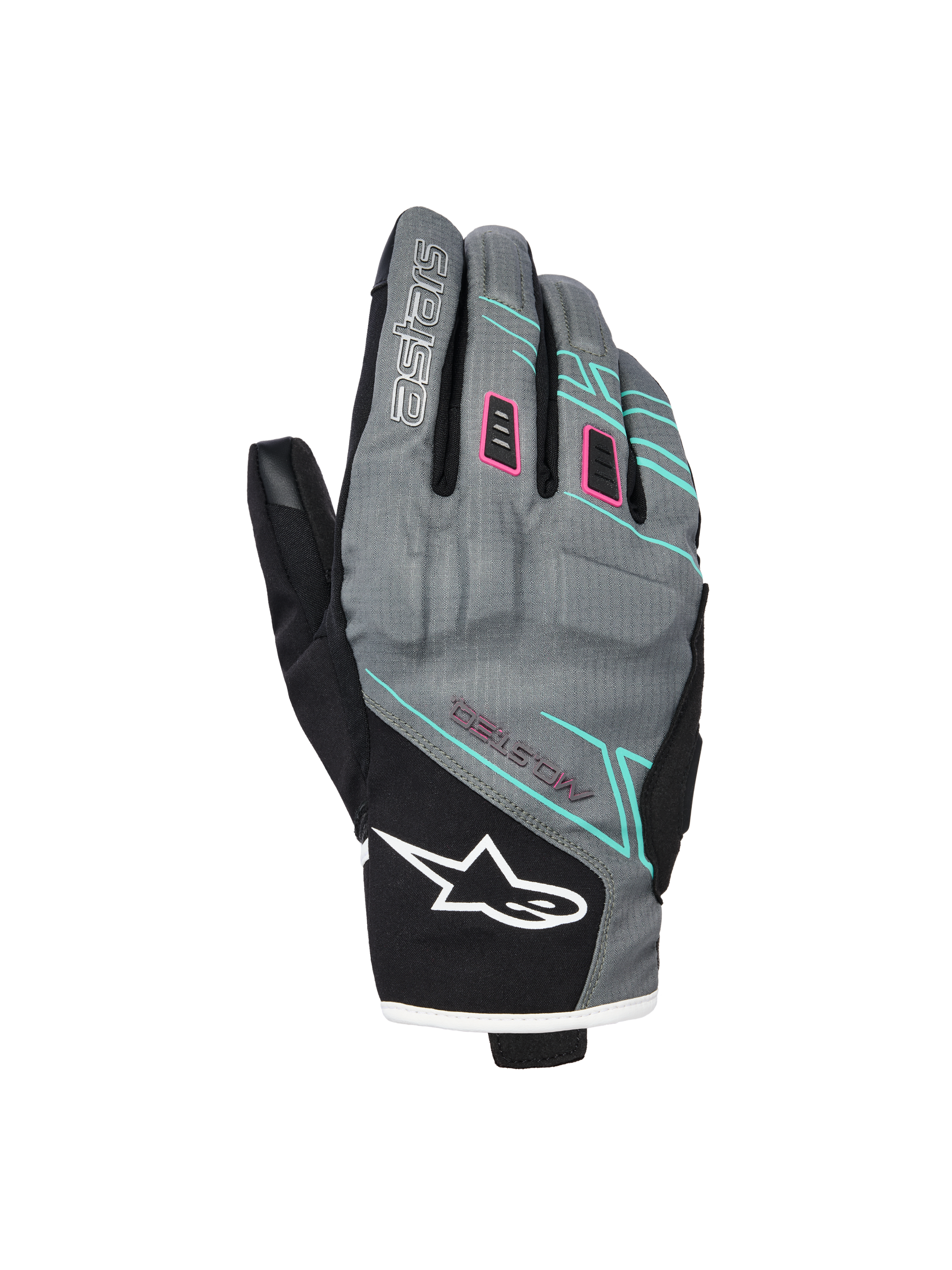 Alpinestars Stella Moblast Wasserdichte Handschuhe, Damen-Motorradhandschuhe, Grau und Schwarz mit pinken und türkisfarbenen Akzenten, Kurzstulpen-Design mit MO.ST.EQ. Branding, Textilkonstruktion mit schützender Knöchelpolsterung und weißem Alpinestars-Logo