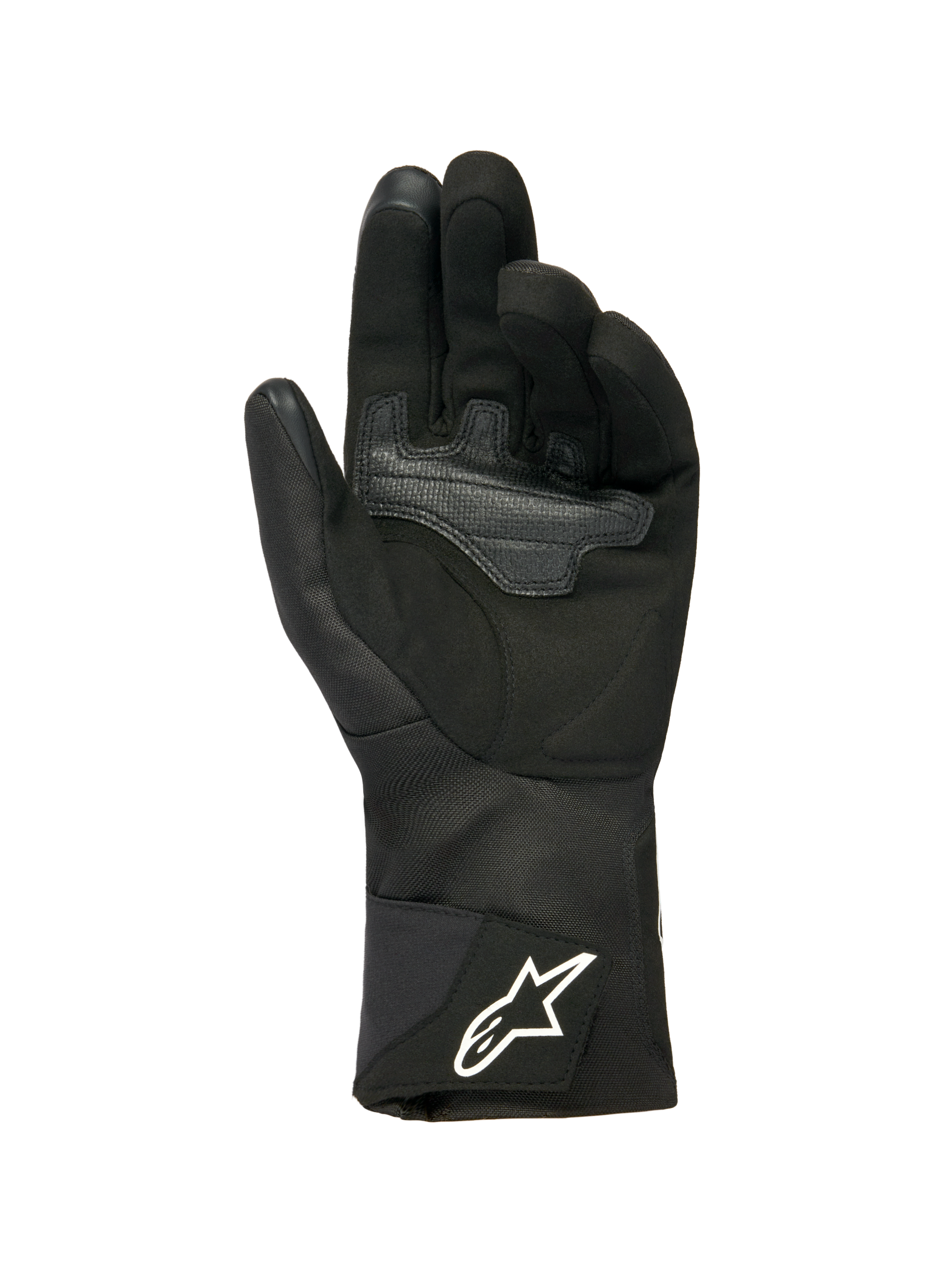 Alpinestars Woman Stella WT-1 Drystar® Insulated Gloves, Black, palm view featuring soft suede with overlay reinforcement for grip, long textile cuff with white Alpinestars logo on the strap, touchscreen compatible fingertips, technical winter motorcycle gear
