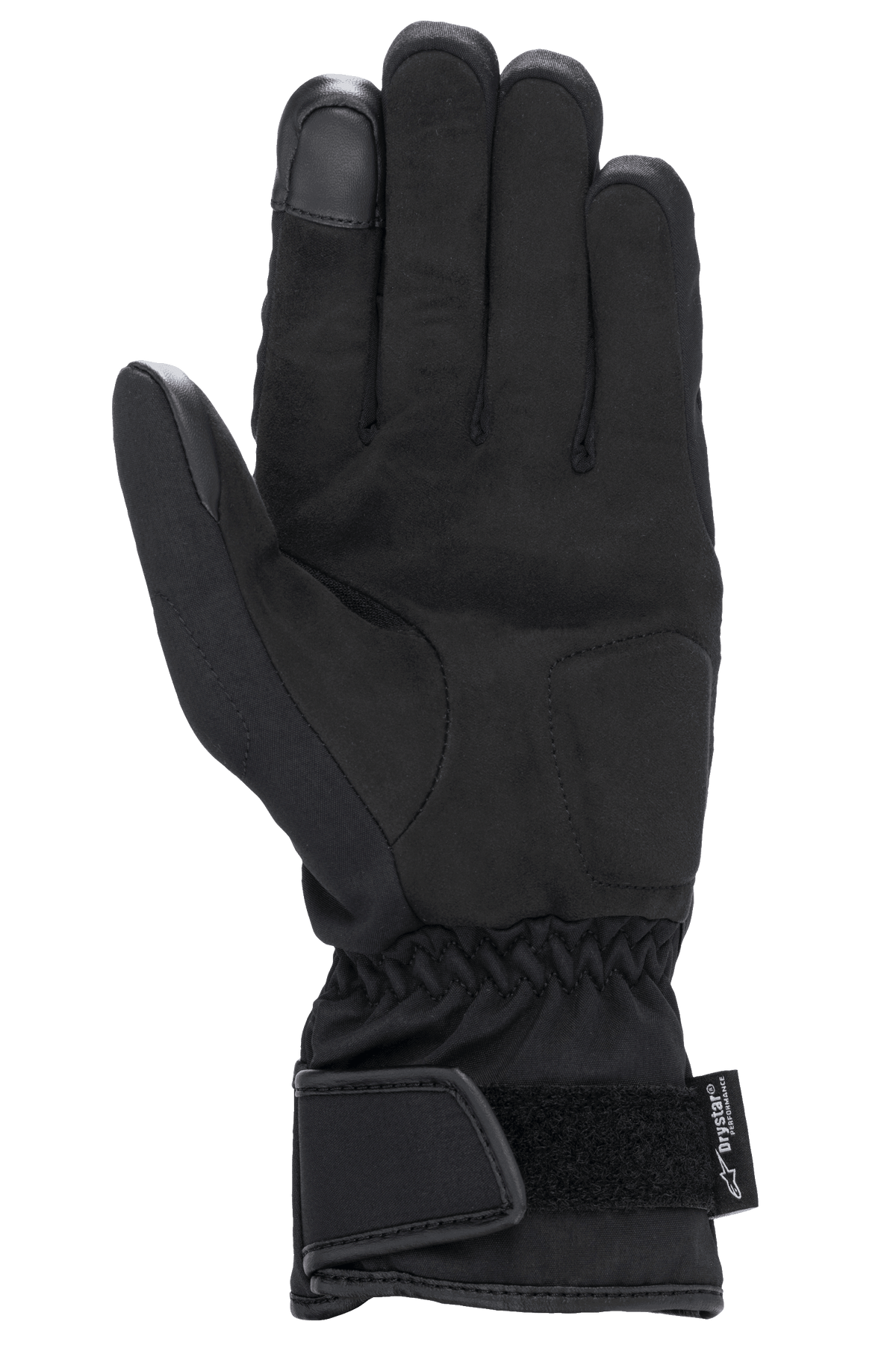 Alpinestars Damen Stella SR-3 V2 Drystar® Handschuhe, Schwarz, Handflächenansicht mit Verstärkungen aus Synthetikleder, Touchscreen-kompatibler Zeigefingerspitze, elastischem Handgelenk und Stulpe mit verstellbarem Klettverschluss sowie Drystar-Branding.