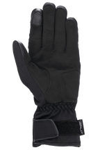 Alpinestars Damen Stella SR-3 V2 Drystar® Handschuhe, Schwarz, Handflächenansicht mit Verstärkungen aus Synthetikleder, Touchscreen-kompatibler Zeigefingerspitze, elastischem Handgelenk und Stulpe mit verstellbarem Klettverschluss sowie Drystar-Branding.