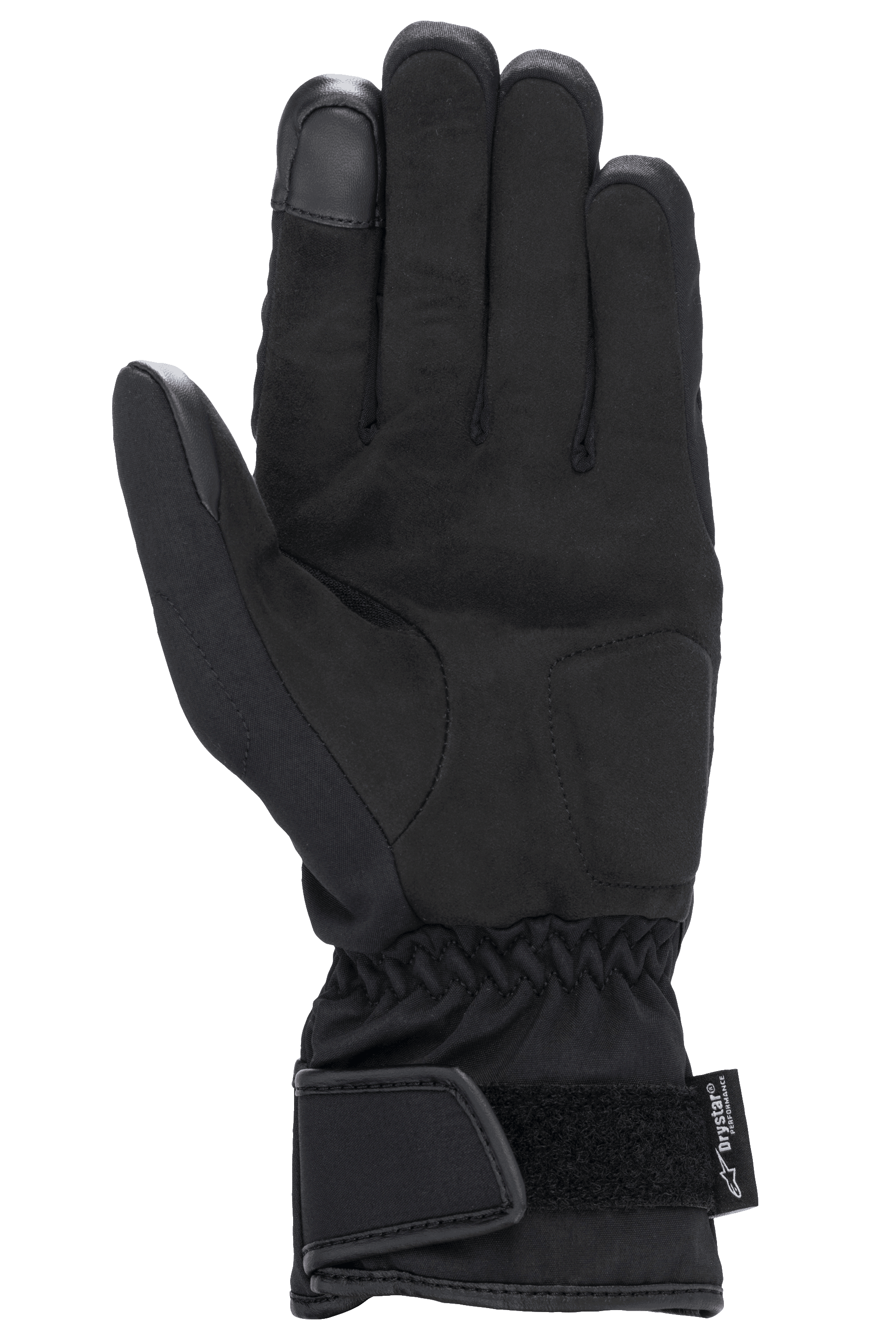 Alpinestars Damen Stella SR-3 V2 Drystar® Handschuhe, Schwarz, Handflächenansicht mit Verstärkungen aus Synthetikleder, Touchscreen-kompatibler Zeigefingerspitze, elastischem Handgelenk und Stulpe mit verstellbarem Klettverschluss sowie Drystar-Branding.