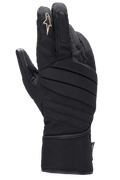 Alpinestars Stella SR-3 V2 Drystar Handschuhe, Damen-Motorradhandschuhe, Schwarz, Handrücken-Ansicht mit diagonal gepolsterten Nähten, weißem Stern-Logo auf dem Zeigefinger und langer Stulpe für Allwetterschutz.