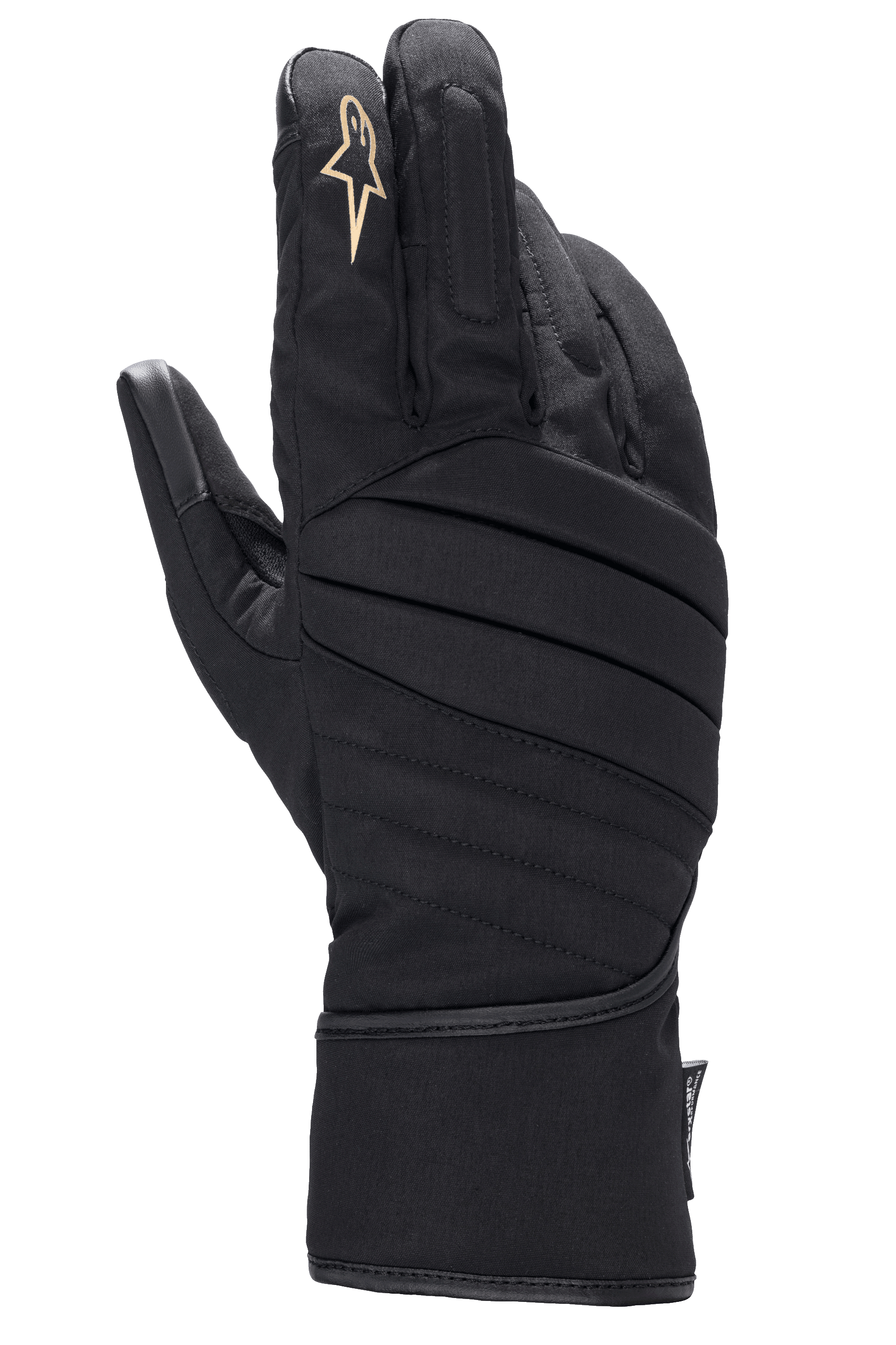 Alpinestars Stella SR-3 V2 Drystar Handschuhe, Damen-Motorradhandschuhe, Schwarz, Handrücken-Ansicht mit diagonal gepolsterten Nähten, weißem Stern-Logo auf dem Zeigefinger und langer Stulpe für Allwetterschutz.