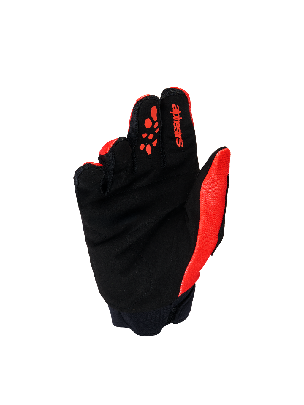 Alpinestars Full Bore V2 Handschuhe für Kinder & Jugendliche, Motocross-Handschuhe, Hellrot und Schwarz, Innenansicht der Handfläche mit verstärktem schwarzem synthetischem Wildleder und roten Silikon-Grip-Mustern auf den Fingern, strapazierfähige Offroad-Ausrüstung für junge Fahrer.