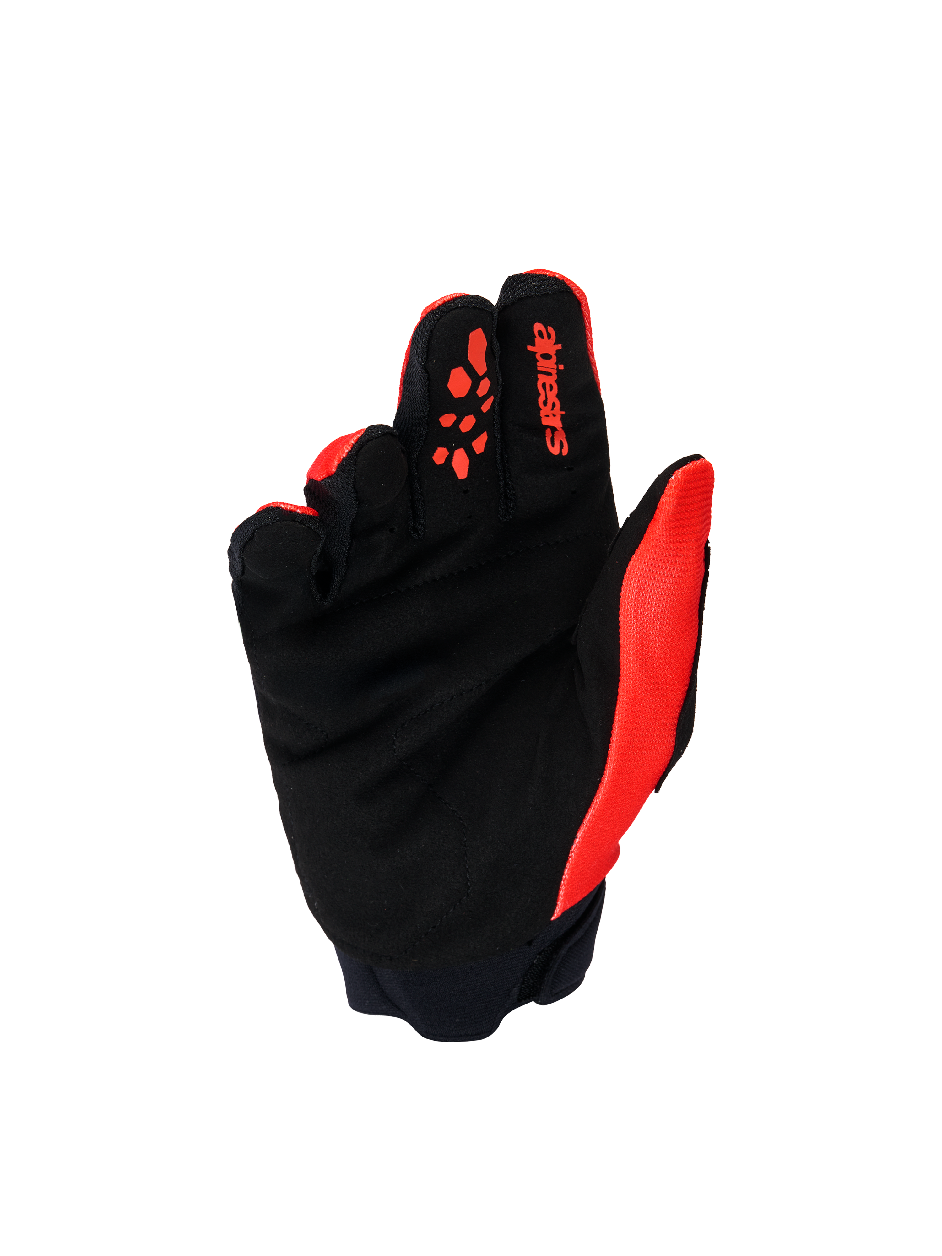 Alpinestars Full Bore V2 Handschuhe für Kinder & Jugendliche, Motocross-Handschuhe, Hellrot und Schwarz, Innenansicht der Handfläche mit verstärktem schwarzem synthetischem Wildleder und roten Silikon-Grip-Mustern auf den Fingern, strapazierfähige Offroad-Ausrüstung für junge Fahrer.
