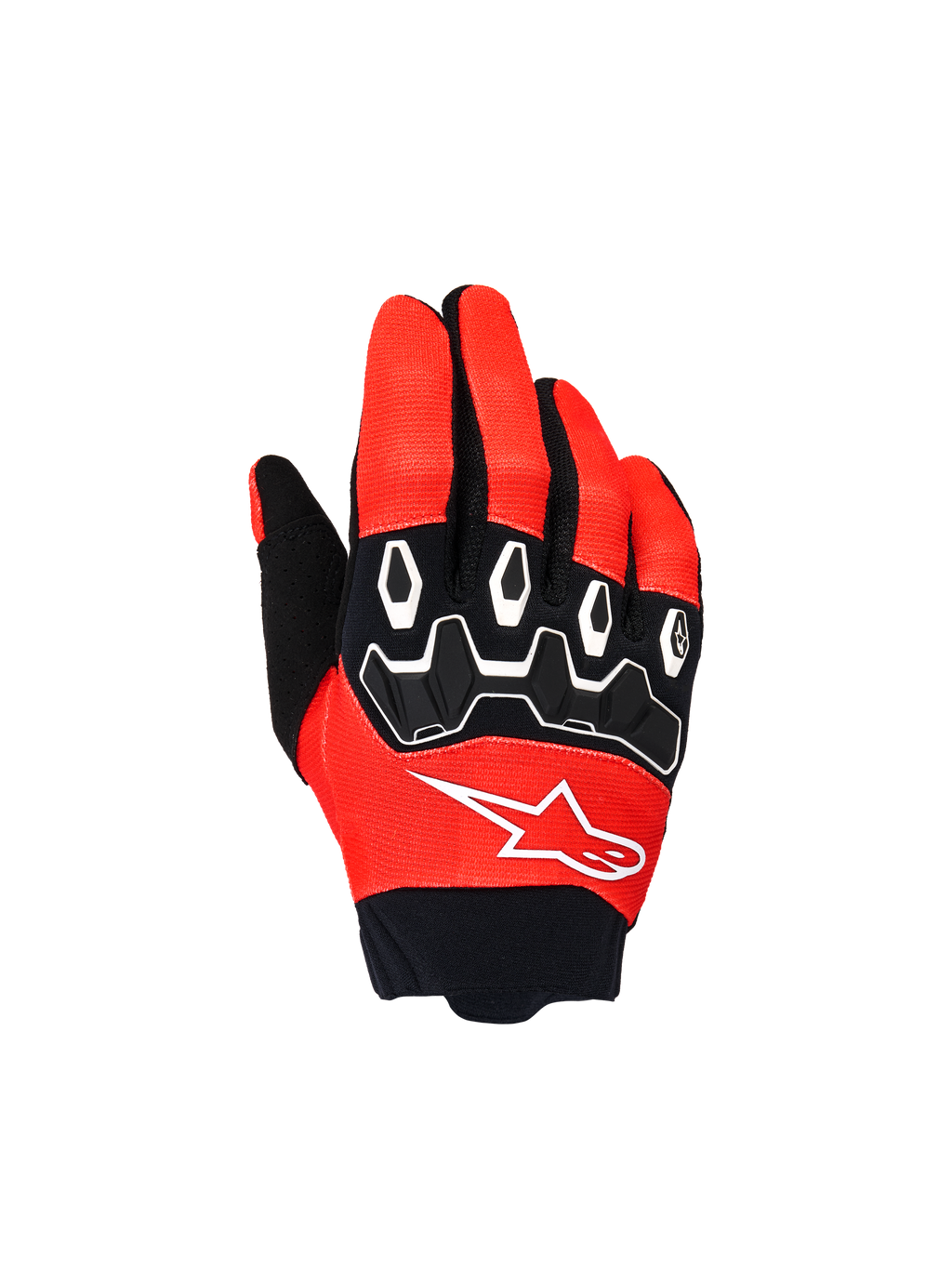 Alpinestars Youth & Kids Full Bore V2 Handschuhe, Motocross-Rennhandschuhe, Leuchtendes Rot und Schwarz, Draufsicht mit schwarzen TPR-Knöchelprotektoren mit weißen Akzenten und weißem Astar-Logo, strapazierfähiges Textildesign für Offroad-Fahrten