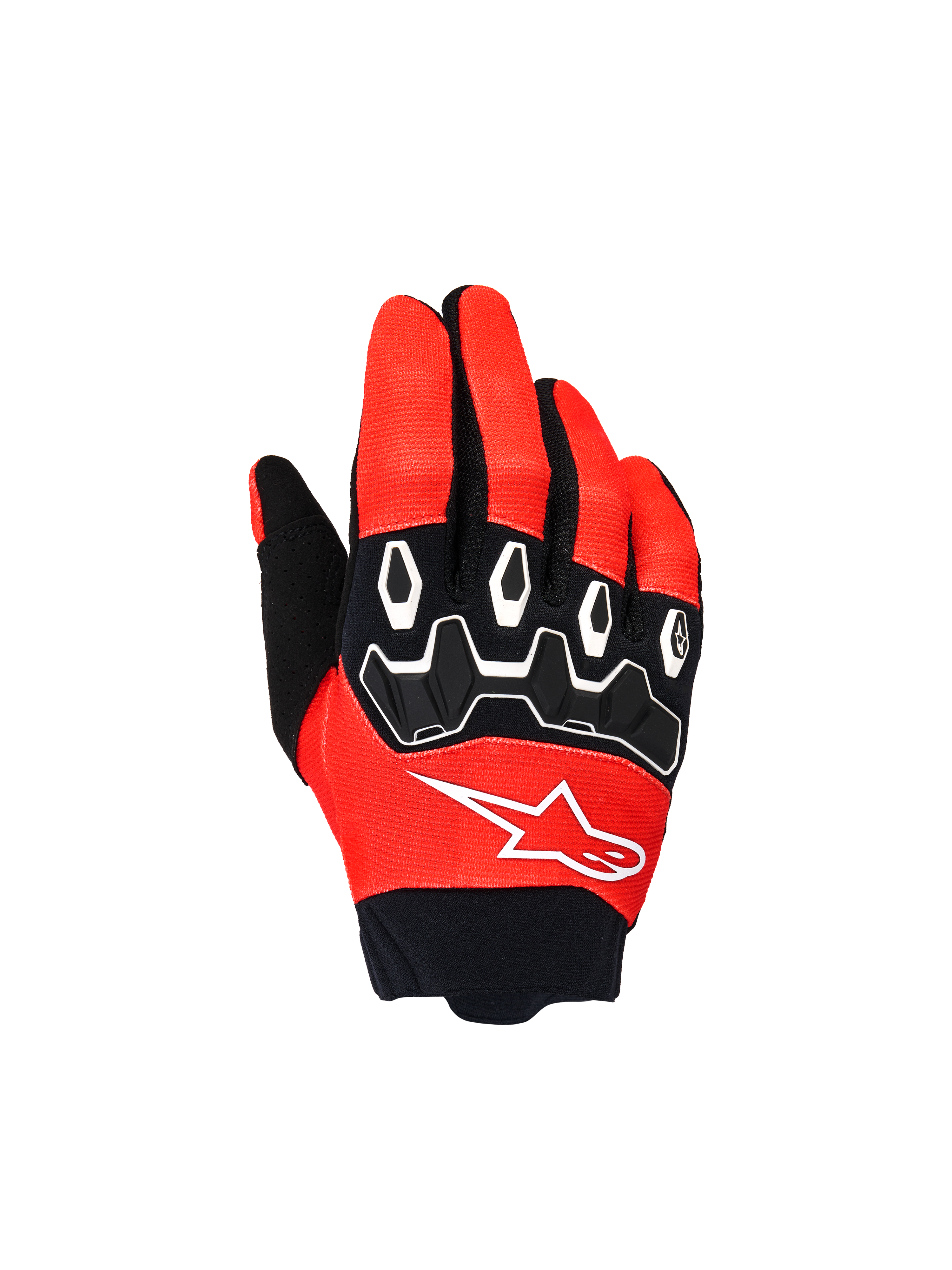 Alpinestars Youth & Kids Full Bore V2 Handschuhe, Motocross-Rennhandschuhe, Leuchtendes Rot und Schwarz, Draufsicht mit schwarzen TPR-Knöchelprotektoren mit weißen Akzenten und weißem Astar-Logo, strapazierfähiges Textildesign für Offroad-Fahrten