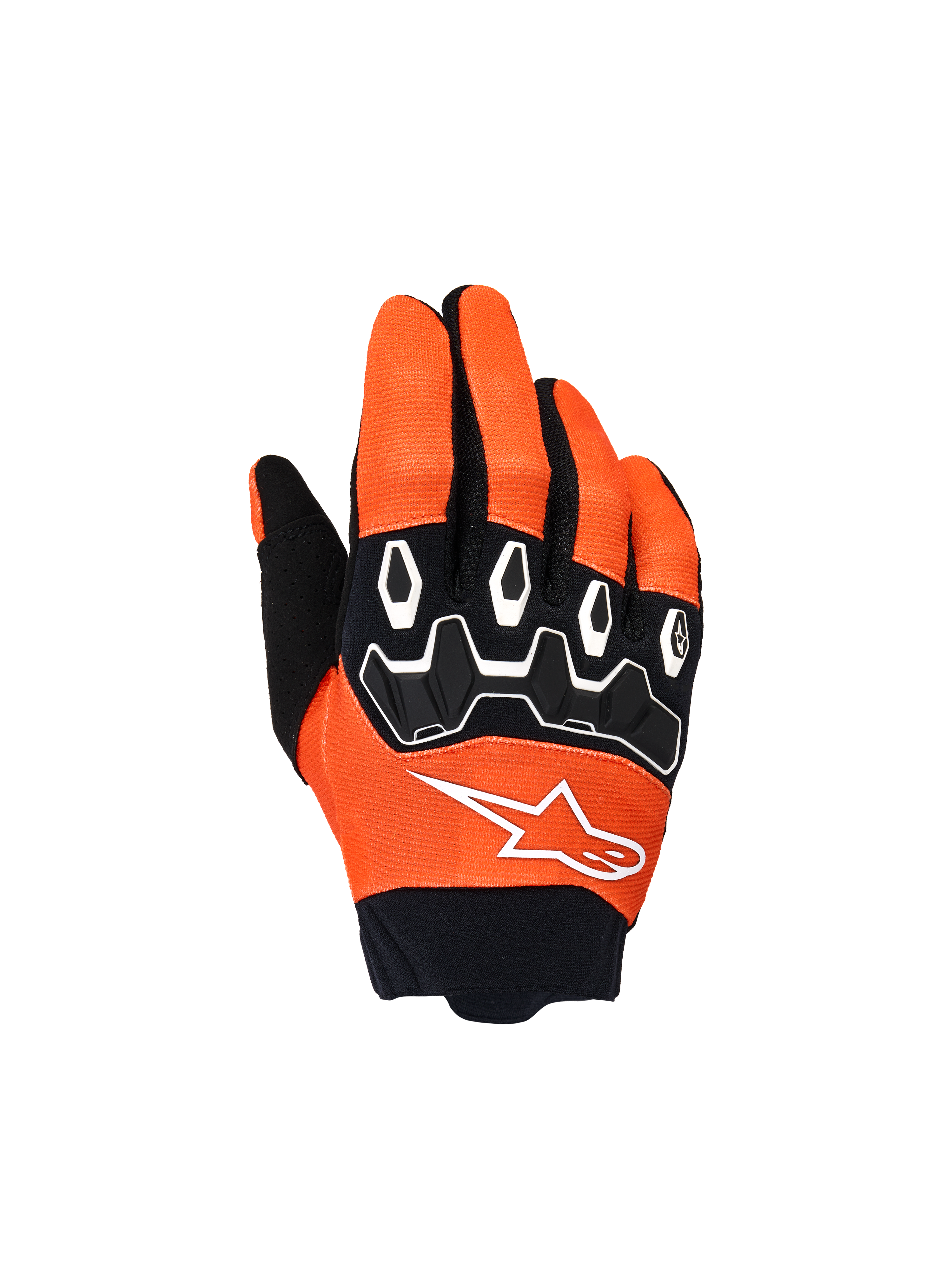 Alpinestars Jugend & Kinder Full Bore V2 Handschuhe, Motocross-Handschuhe, Orange, Weiß und Schwarz, mit schwarzem TPR-Knöchelschutz, weißen geometrischen Mustern, weißem Stern-Logo und schwarzer Neoprenmanschette, Offroad-Fahrausrüstung für Kinder