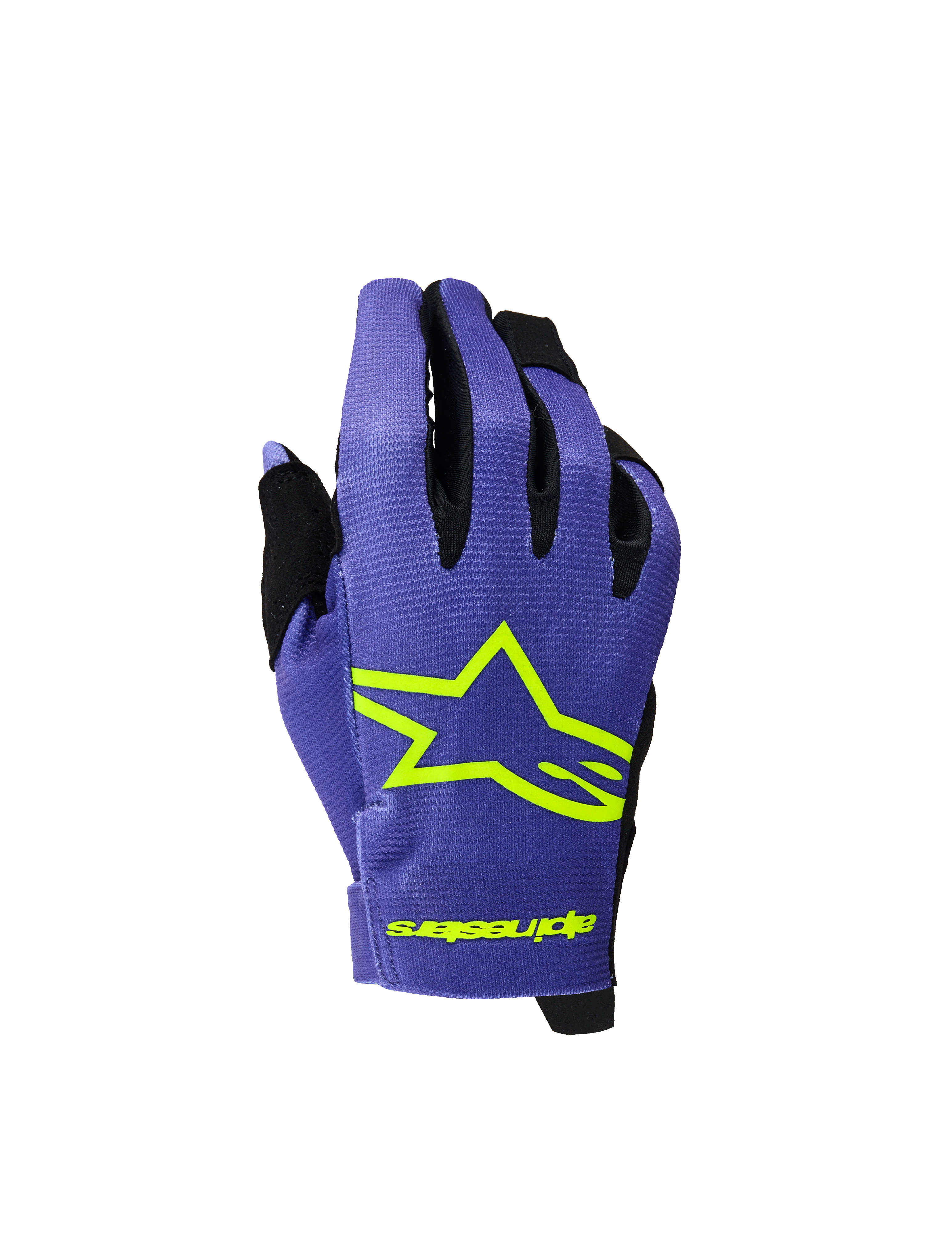 Alpinestars 2026 Youth Radar Handschuhe, Motocross- und MTB-Handschuhe, Lila und Neongelb, mit markantem neongelbem Stern-Logo und Branding, schwarze Akzente zwischen den Fingern, leichtes strukturiertes Gewebe für Offroad-Rennsport