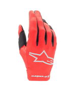 Alpinestars Youth 2024 Radar Handschuhe, Motocross-Handschuhe, Mars-Rot und Silber, Handrückenansicht mit weißem Stern-Logo und Schriftzug auf der Manschette, leichtes Stretch-Gewebe mit schwarzen Fingerakzenten, strapazierfähige Offroad-Rennausrüstung für Jugendliche