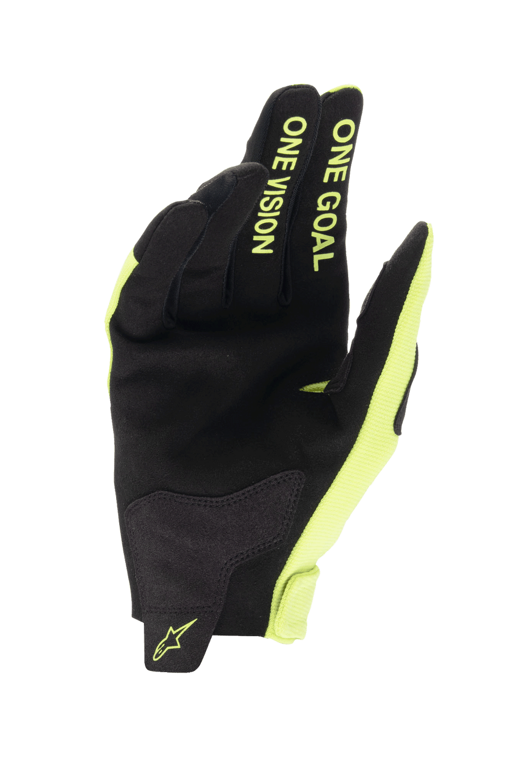 Alpinestars Jugend 2024 Radar Handschuhe, Motocross-Handschuhe, Schwarz und Gelb Fluo, Handflächenansicht mit synthetischer Wildlederkonstruktion, „ONE GOAL ONE VISION“-Schriftzug auf den Fingern, strapazierfähiges Design für Offroad-Rennsport