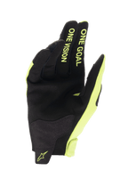 Alpinestars Jugend 2024 Radar Handschuhe, Motocross-Handschuhe, Schwarz und Gelb Fluo, Handflächenansicht mit synthetischer Wildlederkonstruktion, „ONE GOAL ONE VISION“-Schriftzug auf den Fingern, strapazierfähiges Design für Offroad-Rennsport