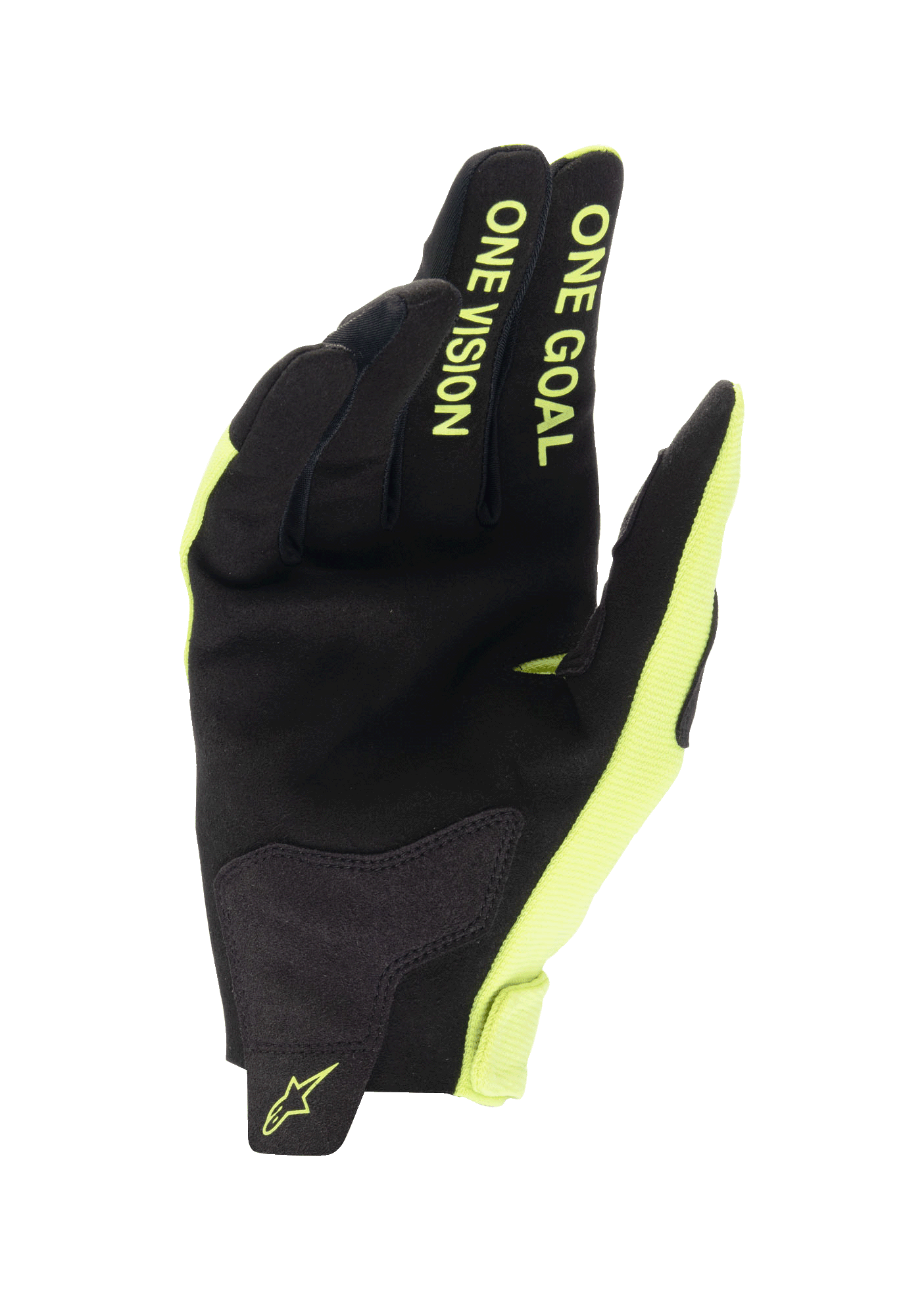 Alpinestars Jugend 2024 Radar Handschuhe, Motocross-Handschuhe, Schwarz und Gelb Fluo, Handflächenansicht mit synthetischer Wildlederkonstruktion, „ONE GOAL ONE VISION“-Schriftzug auf den Fingern, strapazierfähiges Design für Offroad-Rennsport