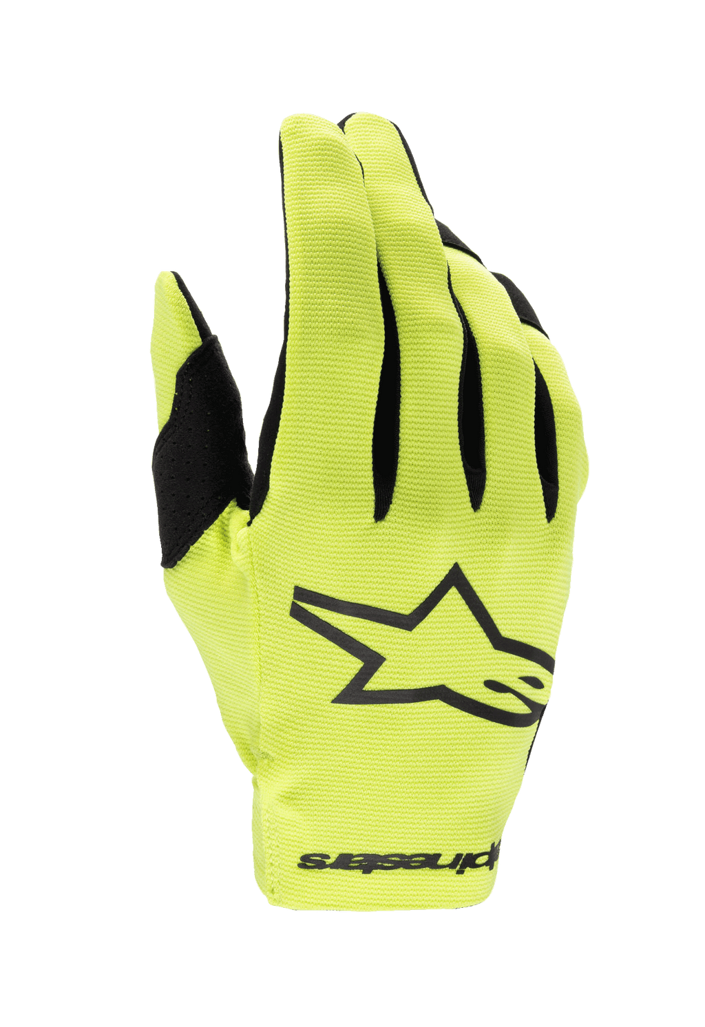 Alpinestars 2024 Youth Radar Handschuhe, Motocross-Handschuhe, Gelb Fluo und Schwarz, mit einem großen schwarzen Sternlogo auf dem Handrücken, leichtes Stretchmaterial mit schwarzen Fingerakzenten, Performance-Rennschutz für Jugendliche