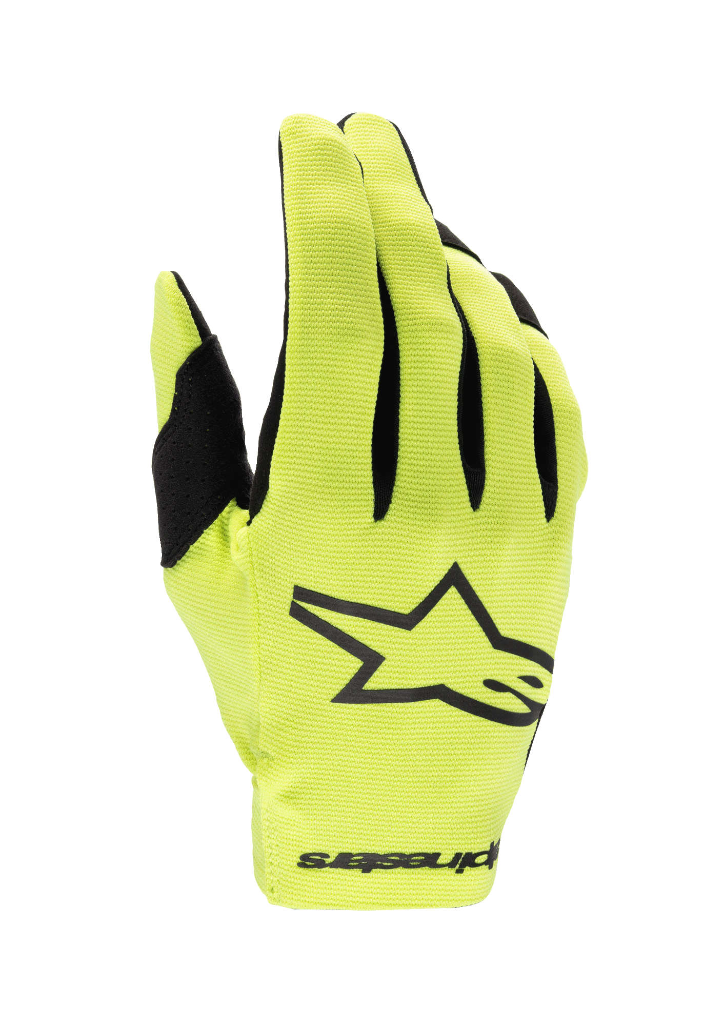Alpinestars 2024 Youth Radar Handschuhe, Motocross-Handschuhe, Gelb Fluo und Schwarz, mit einem großen schwarzen Sternlogo auf dem Handrücken, leichtes Stretchmaterial mit schwarzen Fingerakzenten, Performance-Rennschutz für Jugendliche