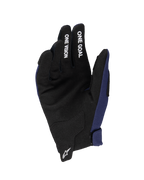 Alpinestars 2025 Youth Radar Gloves, Motocross Gloves, Night Navy and Black, showing synthetic suede palm with 'ONE GOAL' and 'ONE VISION' white text on fingers, white Astars logo on wrist, single-layer construction for off-road riding
