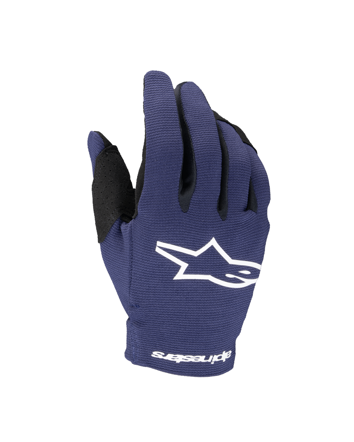 Alpinestars 2025 Youth Radar Handschuhe, Motocross-Handschuhe, Night Navy und Weiß, mit weißem Stern-Logo auf dem Handrücken und Alpinestars-Schriftzug am Handgelenk, einlagige Stretch-Konstruktion für Offroad-Rennsport