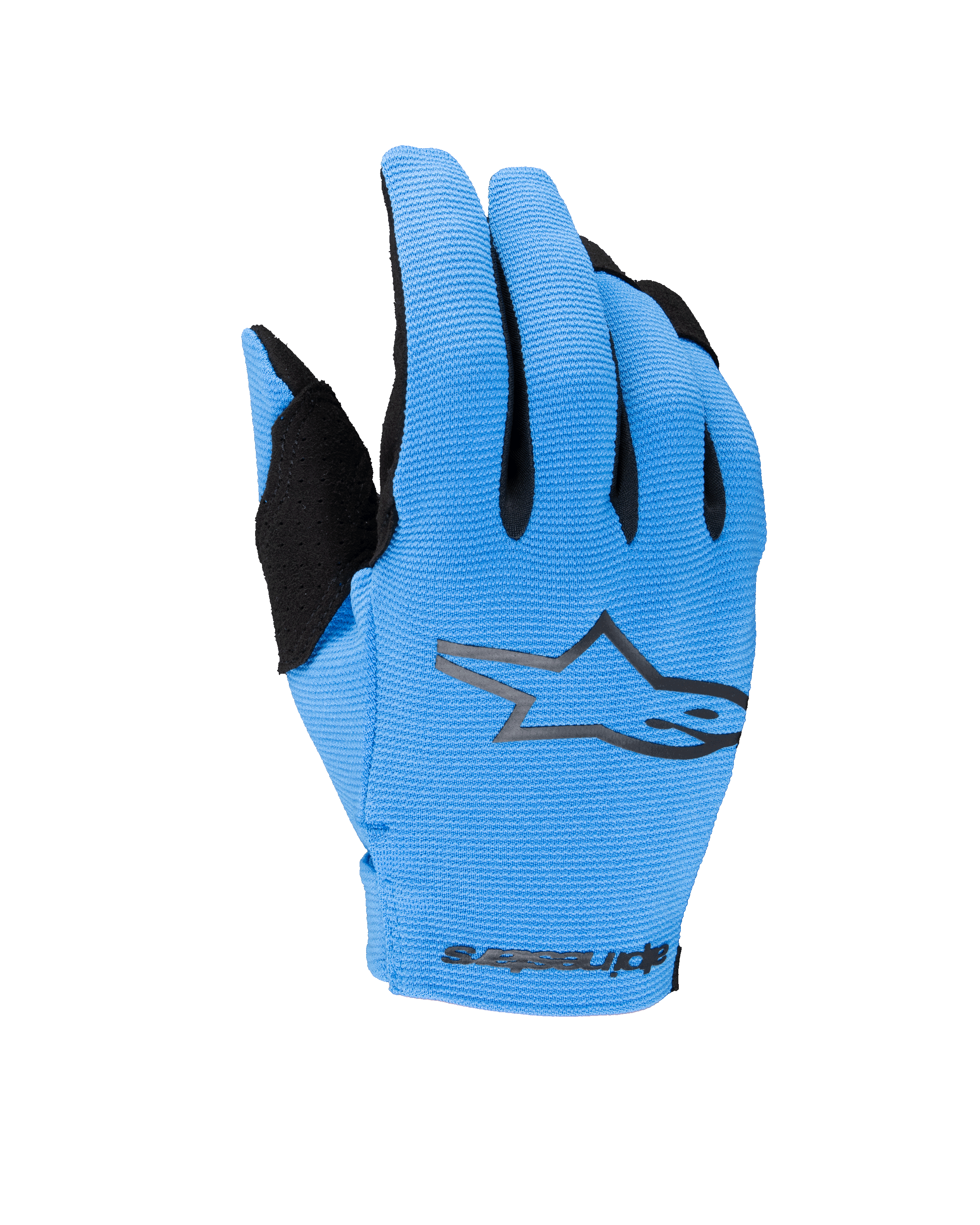 Alpinestars 2025 Youth Radar Handschuhe, Motocross-Offroad-Handschuhe, Blau und Schwarz, mit einer texturierten hellblauen Oberhand, einem schwarzen Stern-Logo und Alpinestars-Branding am Handgelenk, Motorradhandschuhe für Jugendliche