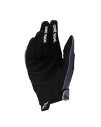 Alpinestars 2025 Youth Radar Handschuhe, Motocross-Handschuhe, Grau und Schwarz, Handflächenansicht mit synthetischem Wildledermaterial, weißer „ONE GOAL“ und „ONE VISION“ Text auf den Fingern, weißes Stern-Logo auf der Zuglasche, spezialisiert auf Offroad-Rennsport für Jugendliche