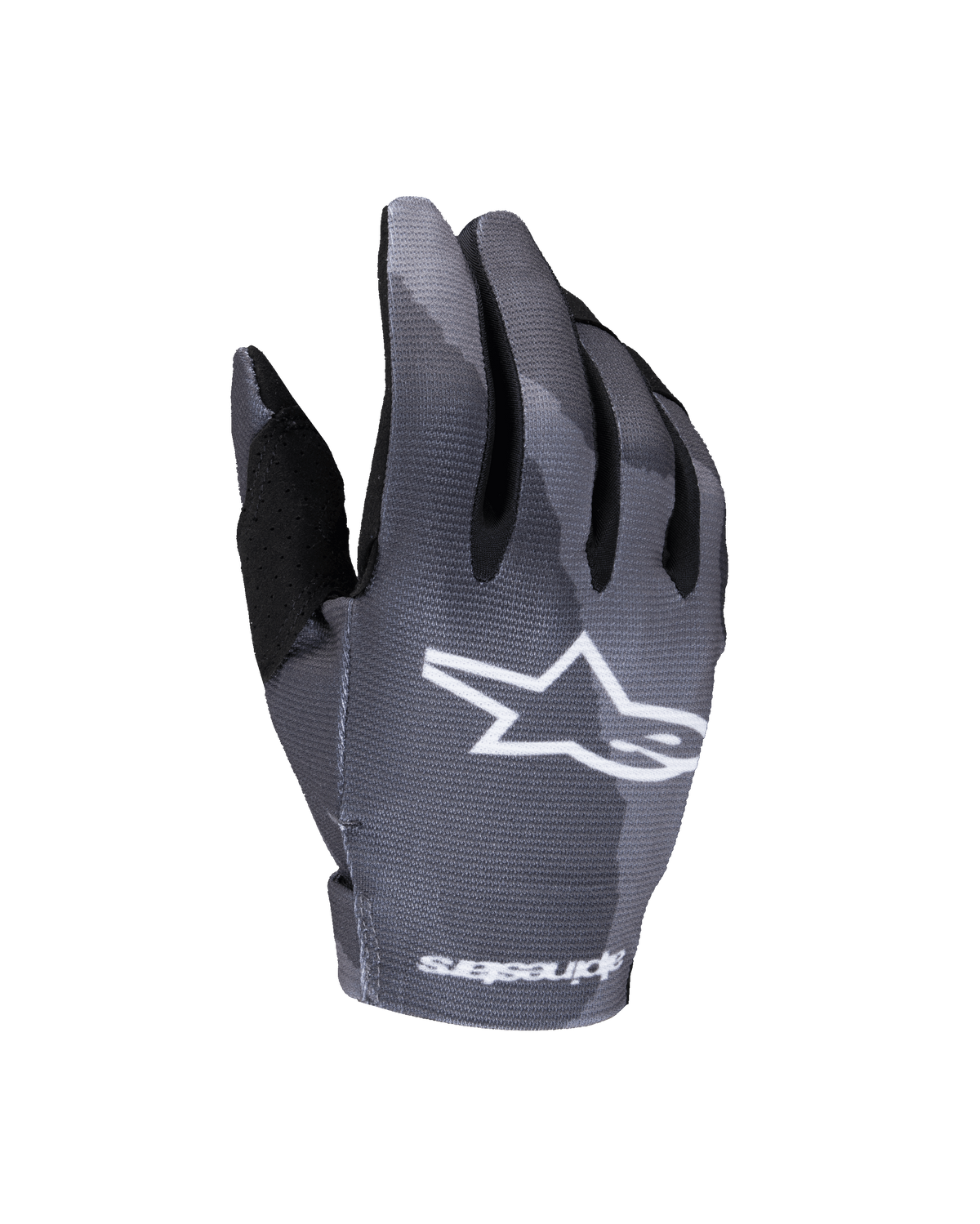 Alpinestars 2025 Youth Radar Handschuhe, Motocross-Handschuhe, Gray Dark Camo, mit weißem Stern-Logo auf dem Handrücken, sublimiertem Camouflage-Muster, schwarzer Daumenverstärkung und leichter Konstruktion für Jugend-Offroad-Rennsport