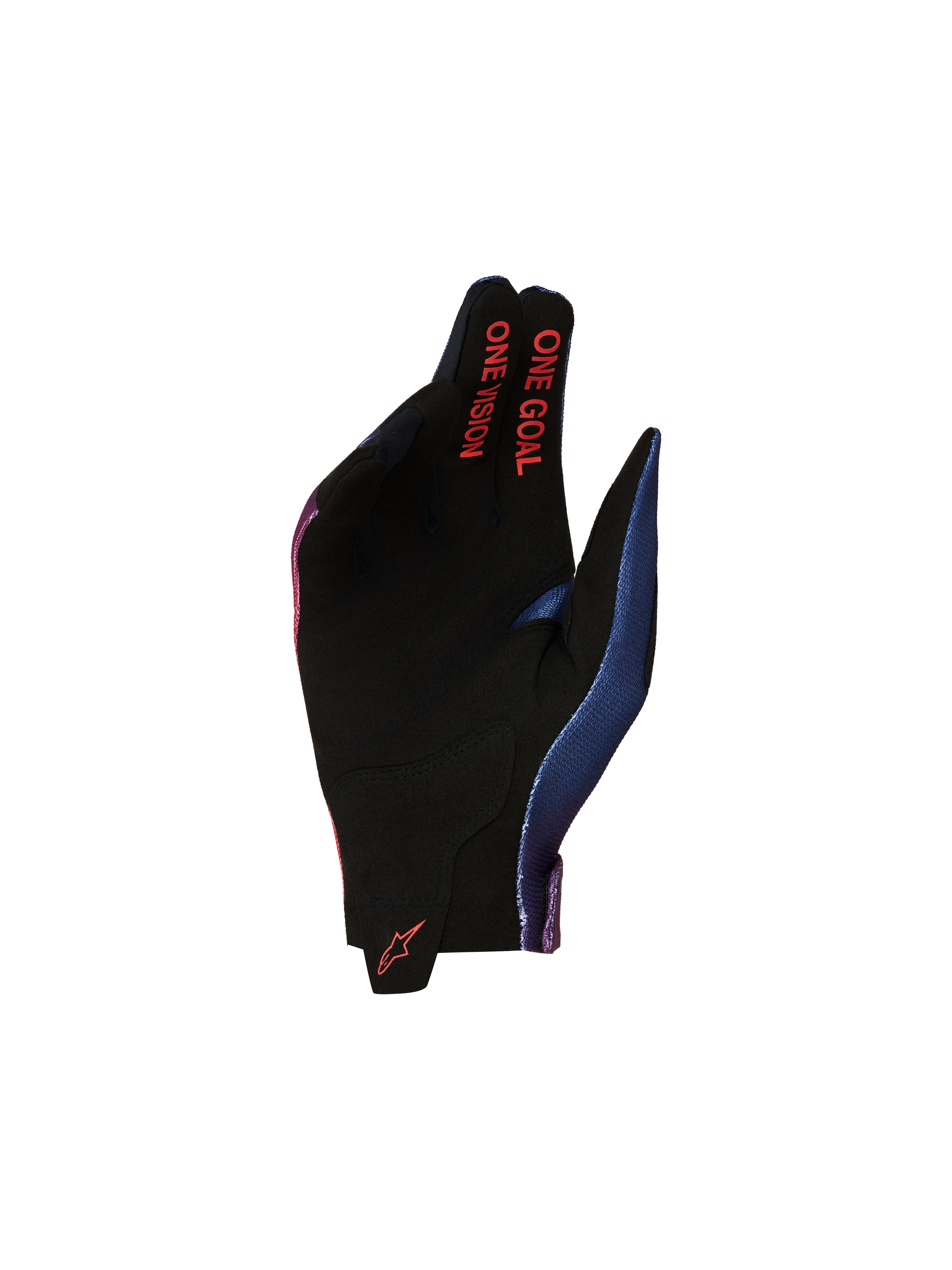 Alpinestars Radar Jugend-Handschuhe für Motocross, schwarze Wildlederhandfläche mit rotem „One Goal One Vision“-Text und blauen Akzenten.