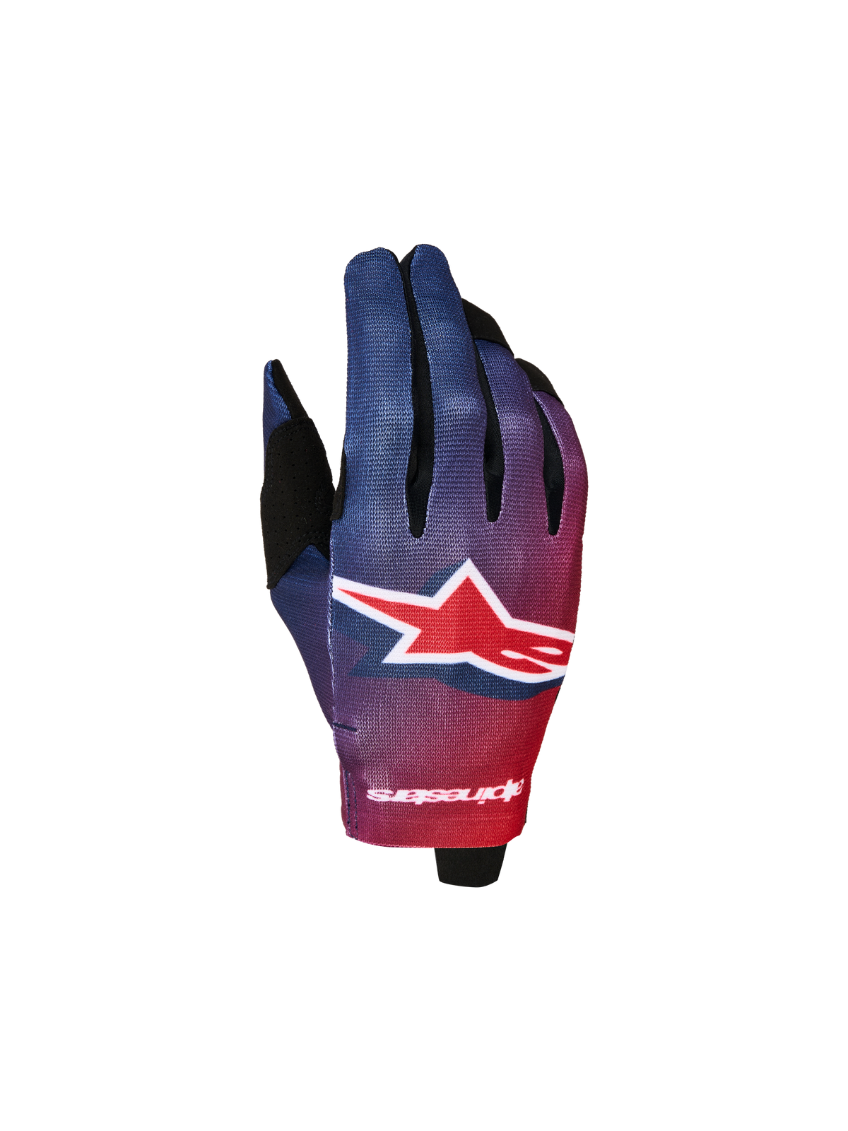 Alpinestars Radar Jugend-Handschuhe, Motocross-Handschuhe in Rot und Blau mit sublimierter Grafik und weißem Astars-Logo.