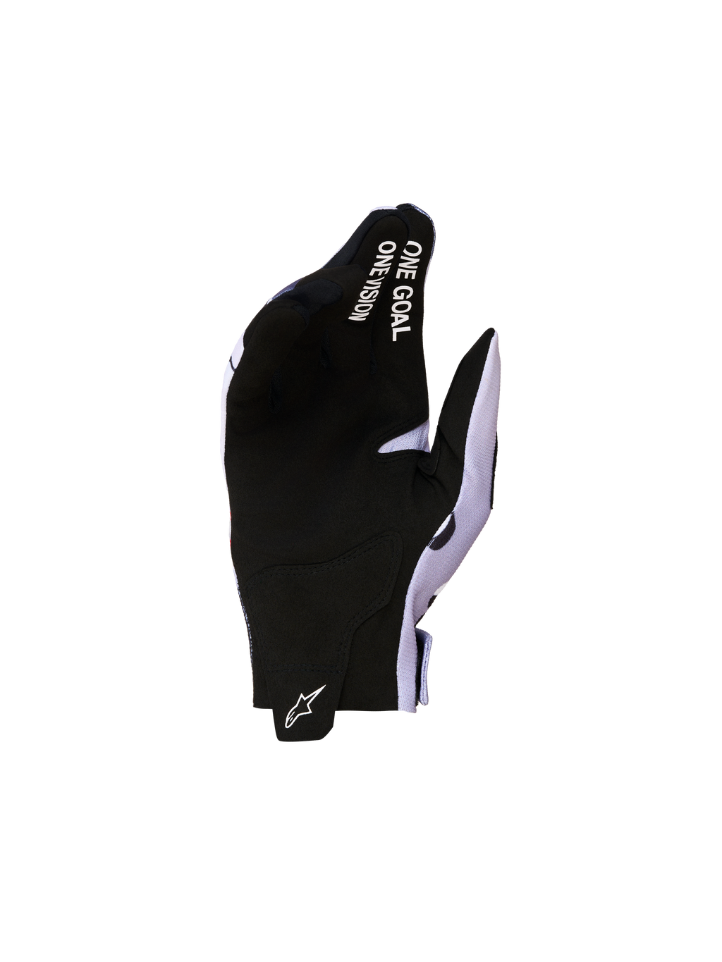 Alpinestars Radar Jugend-Motocrosshandschuhe in Schwarz und Grau mit Wildlederhandfläche und weißem Schriftzug.