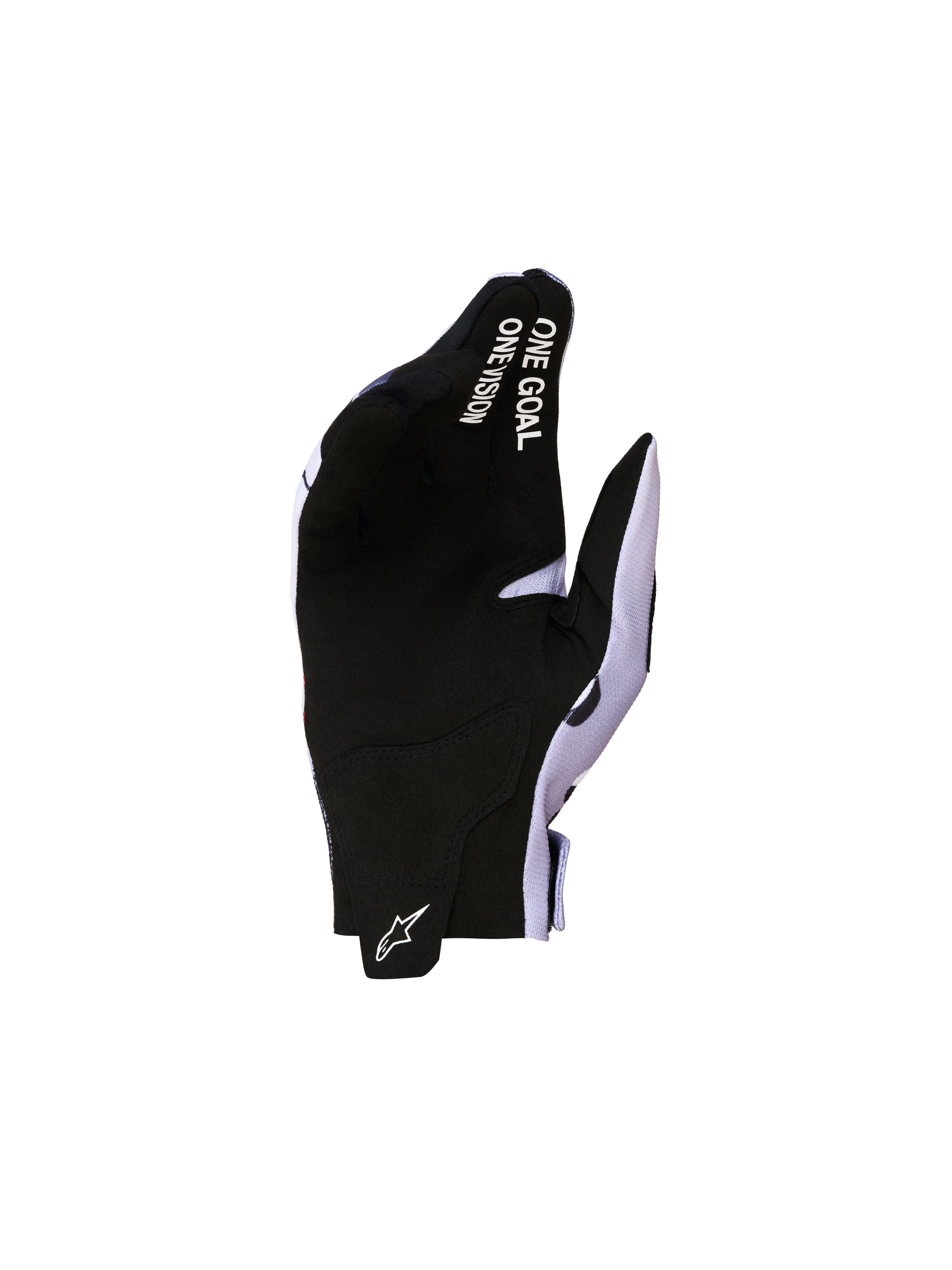 Alpinestars Radar Jugend-Motocrosshandschuhe in Schwarz und Grau mit Wildlederhandfläche und weißem Schriftzug.