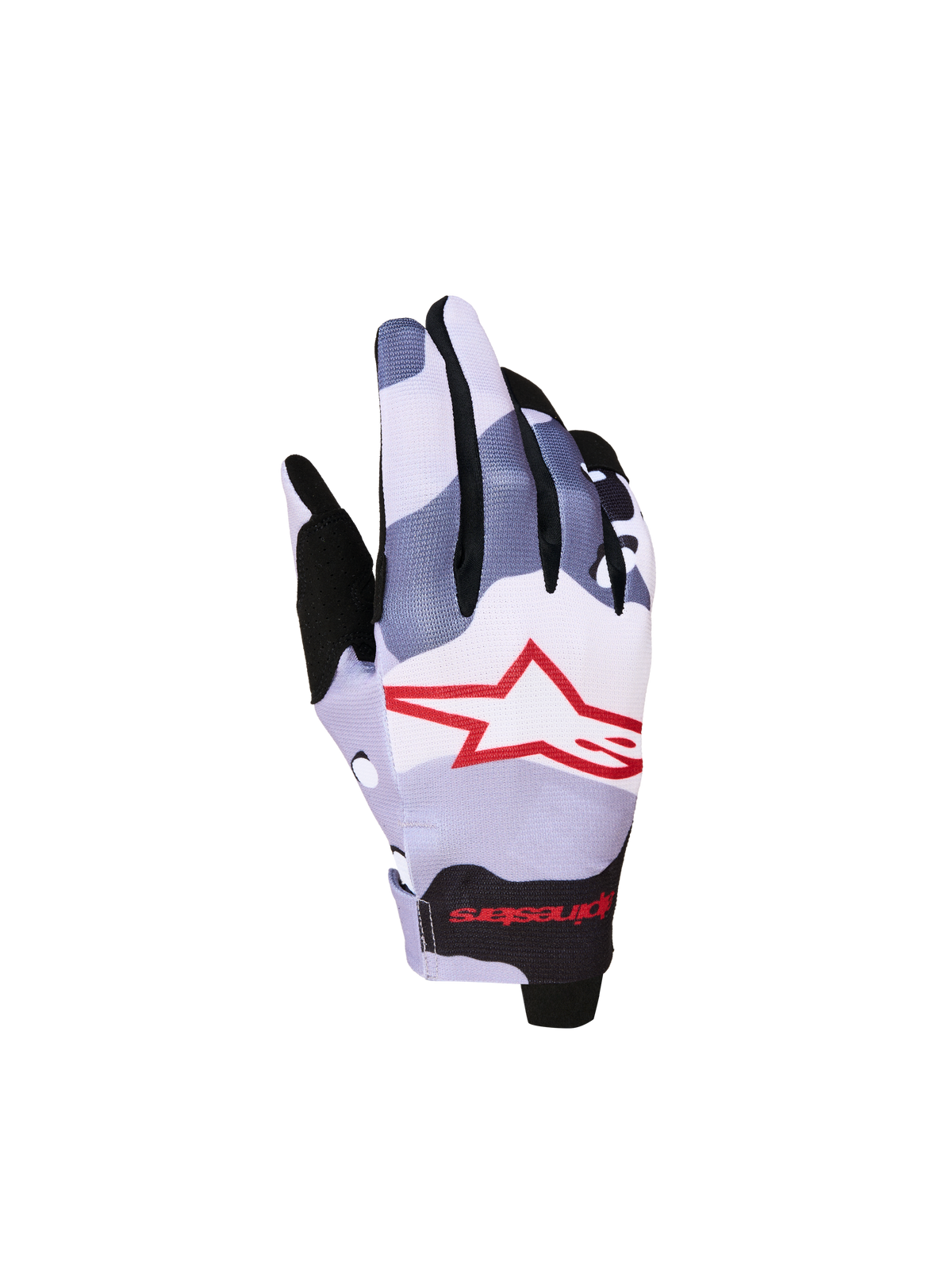 Alpinestars Youth Radar Gloves, gray and red camo motocross gloves with a stretch backhand and star logo.