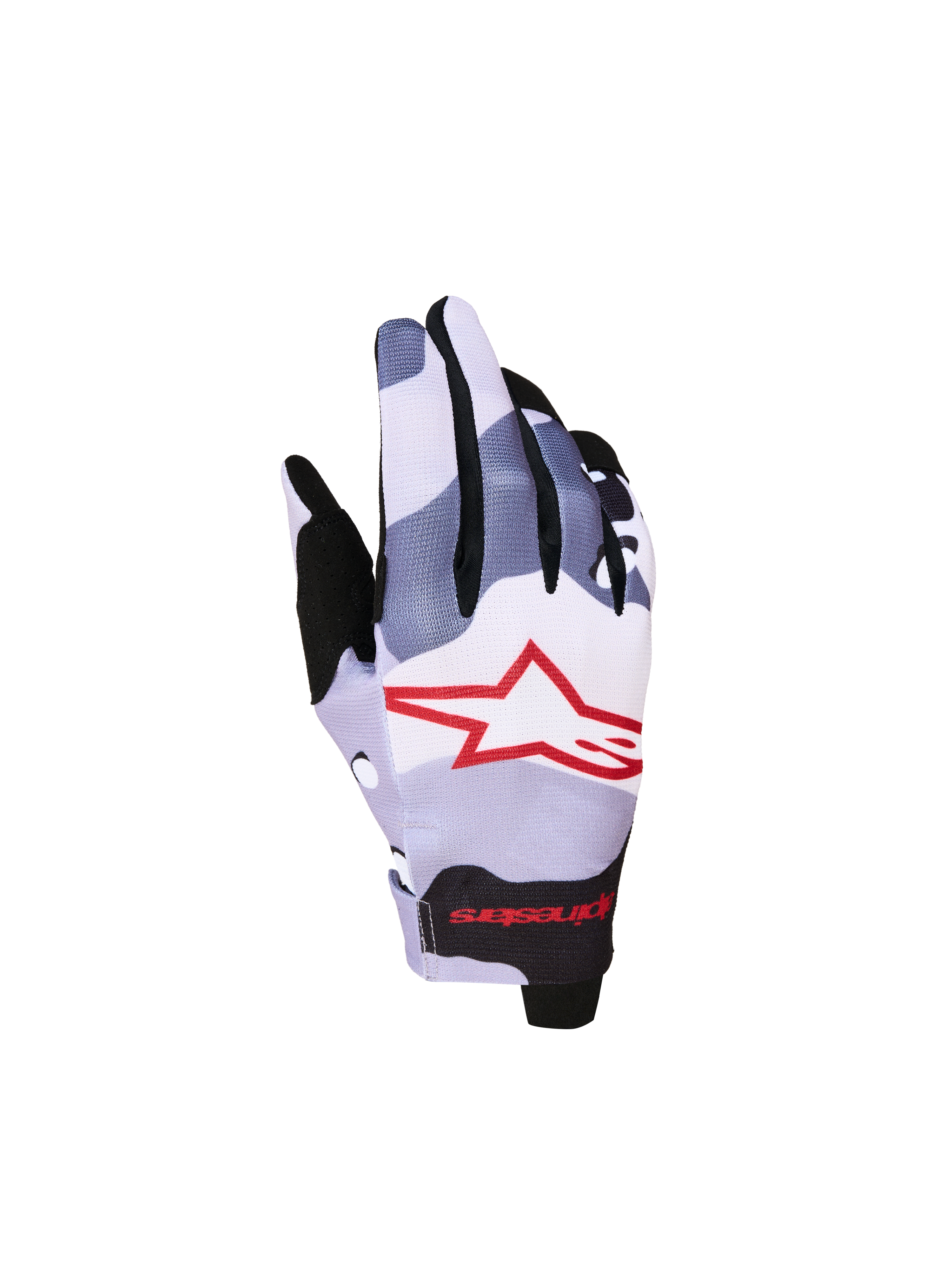 Alpinestars Radar Jugend-Motorradhandschuhe, Grau und Rot mit Camouflage-Muster, Stern-Logo, ideal für Motocross.