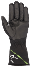 Alpinestars Jugend Tempest V2 Wasserdichte Handschuhe, Karthandschuhe, Schwarz mit fluoreszierend grünen Akzenten, Handflächenansicht mit strukturierter Gummimischung für verbesserten Grip, Stulpenmanschette mit weißem Alpinestars-Logo und 'One Vision.' Branding, diagonale grüne Streifen, entwickelt für Rennen bei nassem Wetter