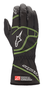 Alpinestars Youth Tempest V2 Wasserdichte Handschuhe, Schwarz mit neongrünen Akzenten, lange Stulpenmanschette mit elastischem Handgelenk, weiße Sternlogos auf den Fingern und dem Handrücken, wasserdichte Textilkonstruktion für den Jugend-Kartsport