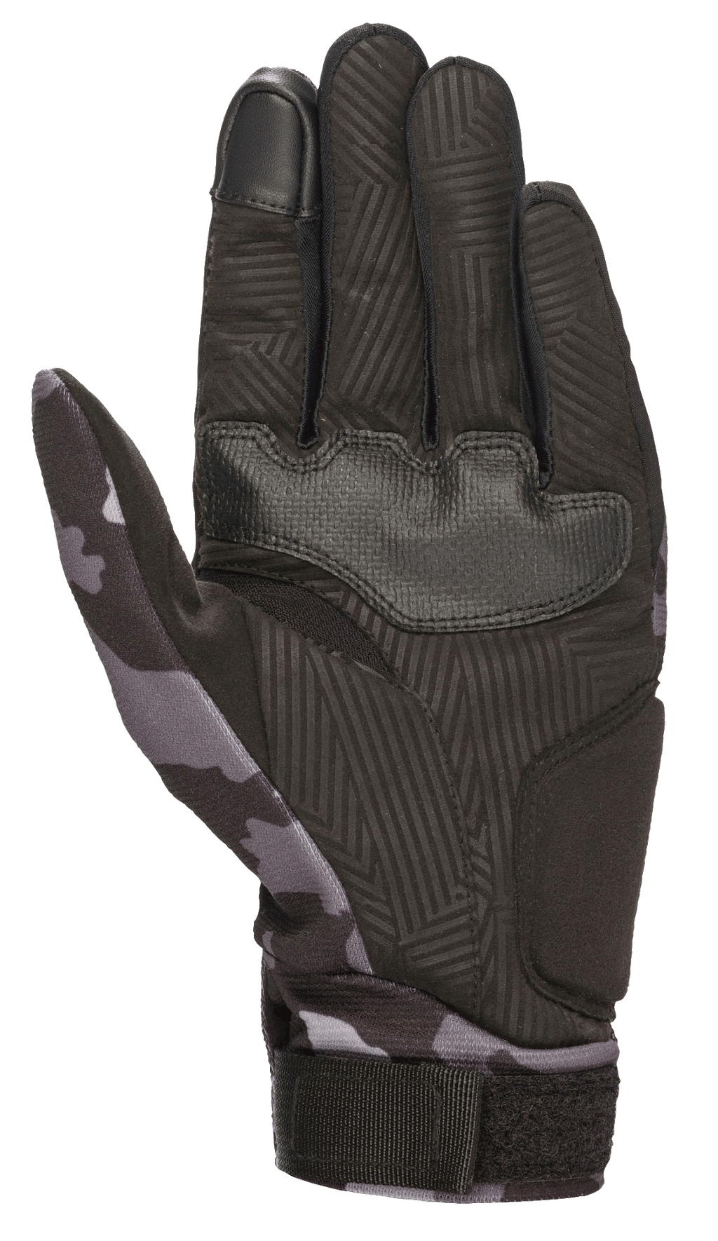 Alpinestars Youth Reef Gloves, Black Gray Camo, palm view showing synthetic suede with textured grip, camo pattern on thumb and wrist, touchscreen-compatible index finger, urban riding motorcycle gloves