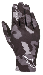 Alpinestars Youth Reef Gloves, Urban Motorcycle Gloves, Black Gray Camo, backhand view featuring a gray camouflage pattern with white Alpinestars branding on the wrist and index finger, lightweight stretch textile construction